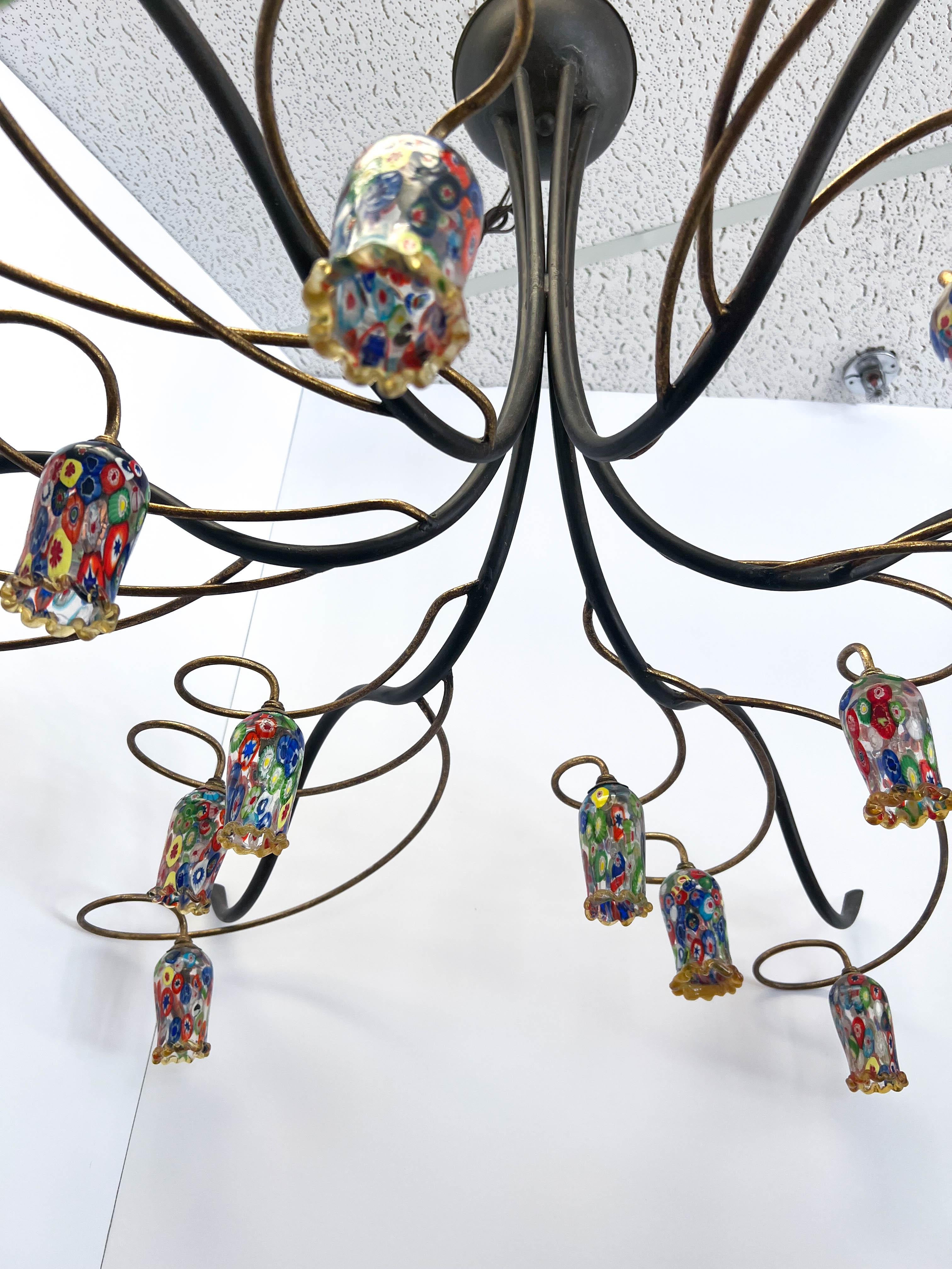 Mid-20th Century Mid-Century Handcrafted Iron & Copper Millefiori Chandelier For Sale