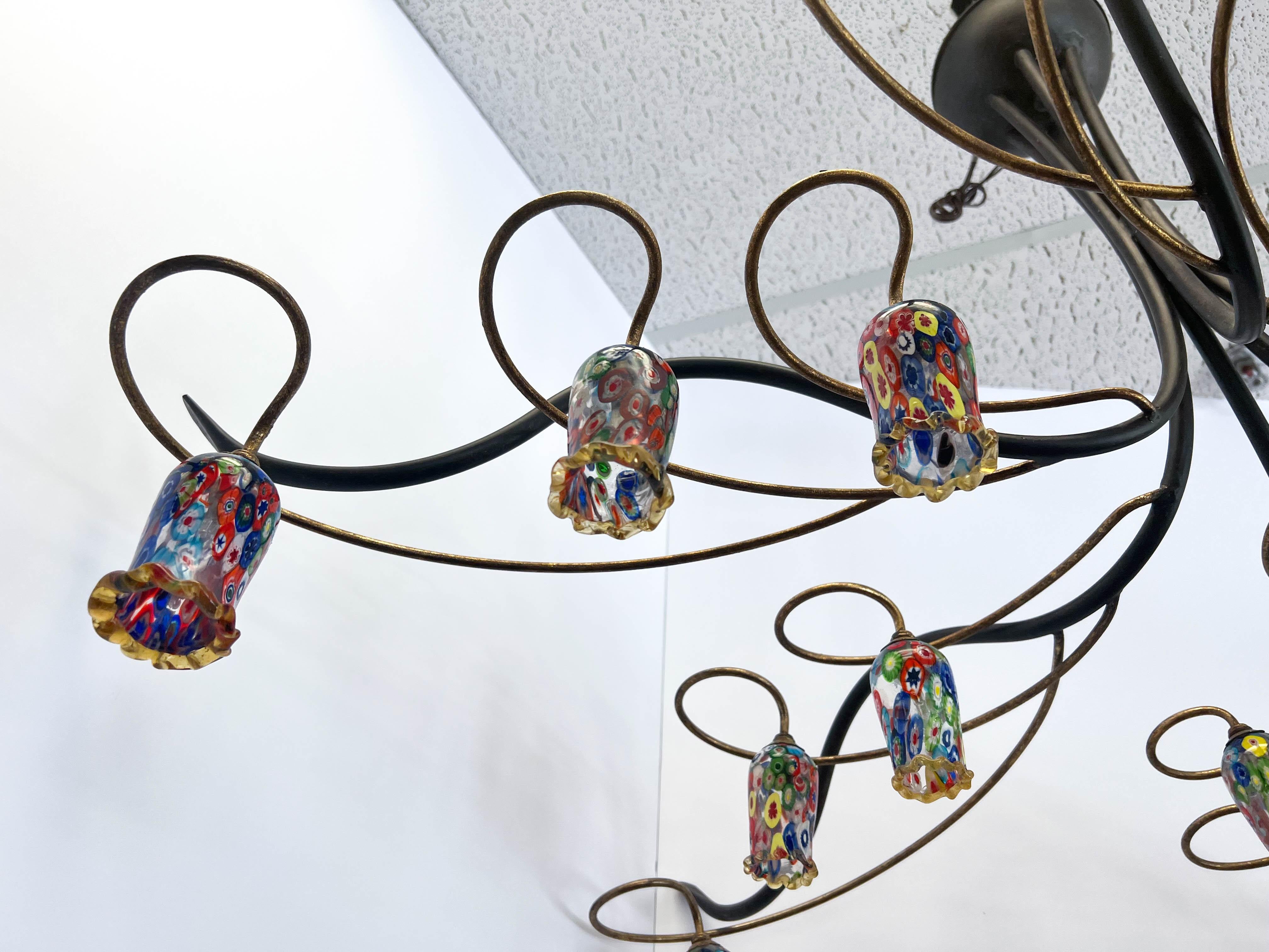 Mid-Century Handcrafted Iron & Copper Millefiori Chandelier For Sale 1