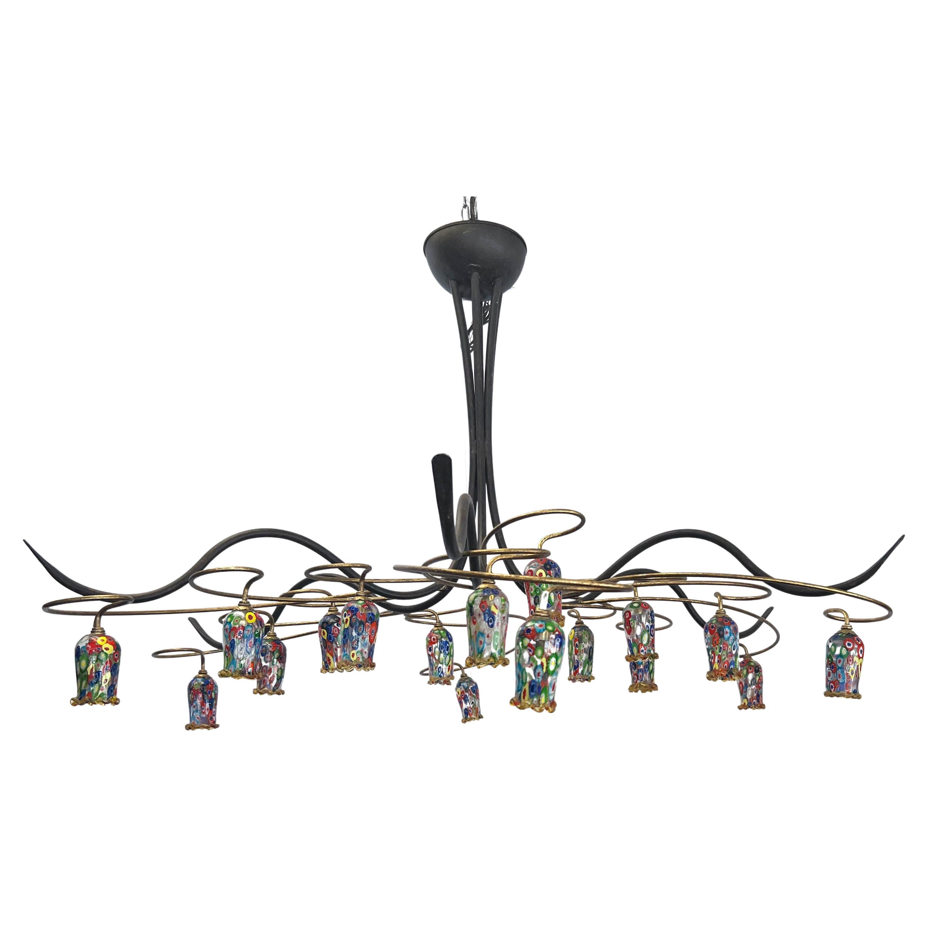 Mid-Century Handcrafted Iron & Copper Millefiori Chandelier For Sale