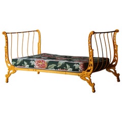Vintage Midcentury Handcrafted Outdoor Garden Yellow Forge Bench Daybed, France, 1940