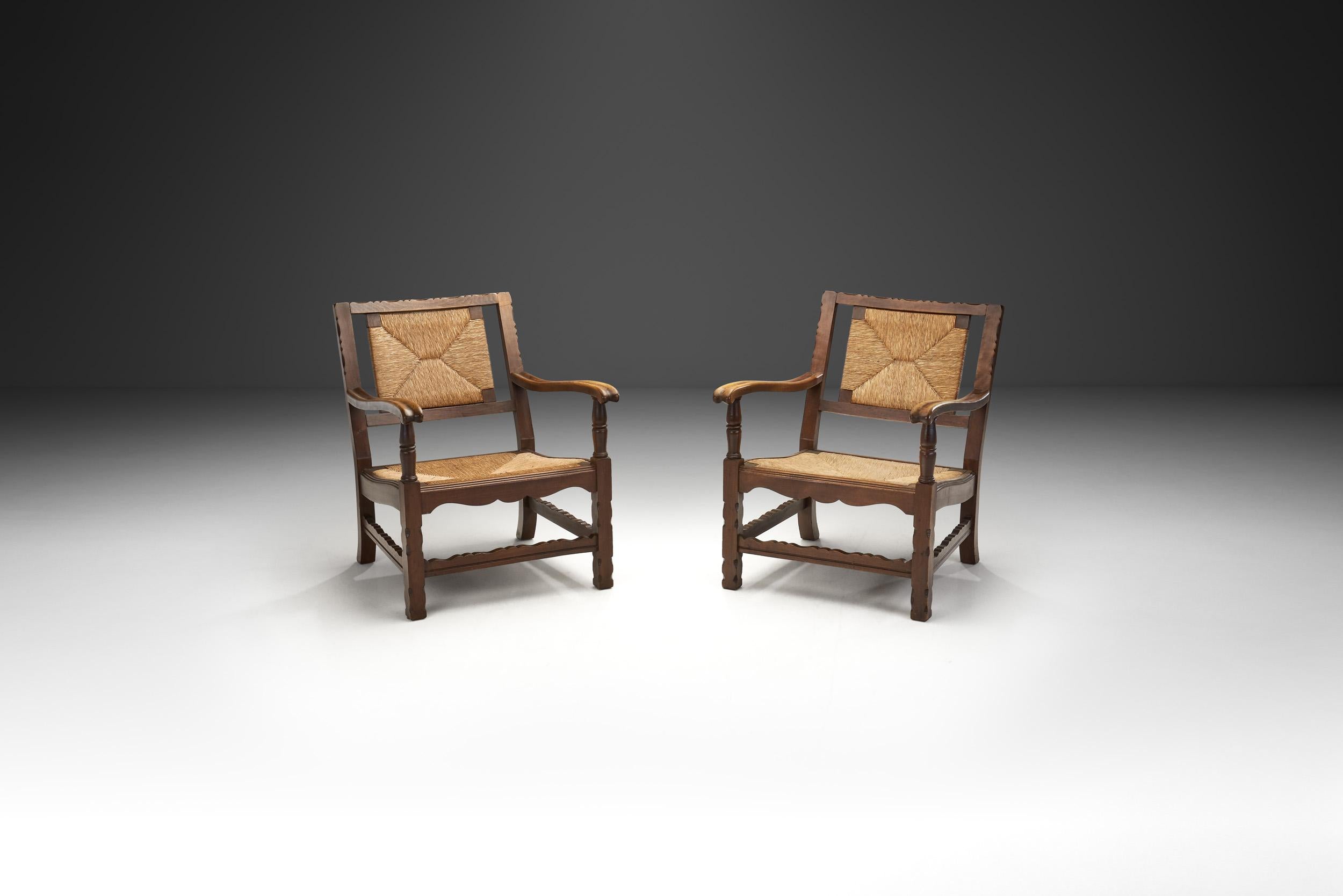 Mid-Century Modern Mid-Century Handcrafted Wood and Woven Straw Armchairs, Europe ca 1950s For Sale