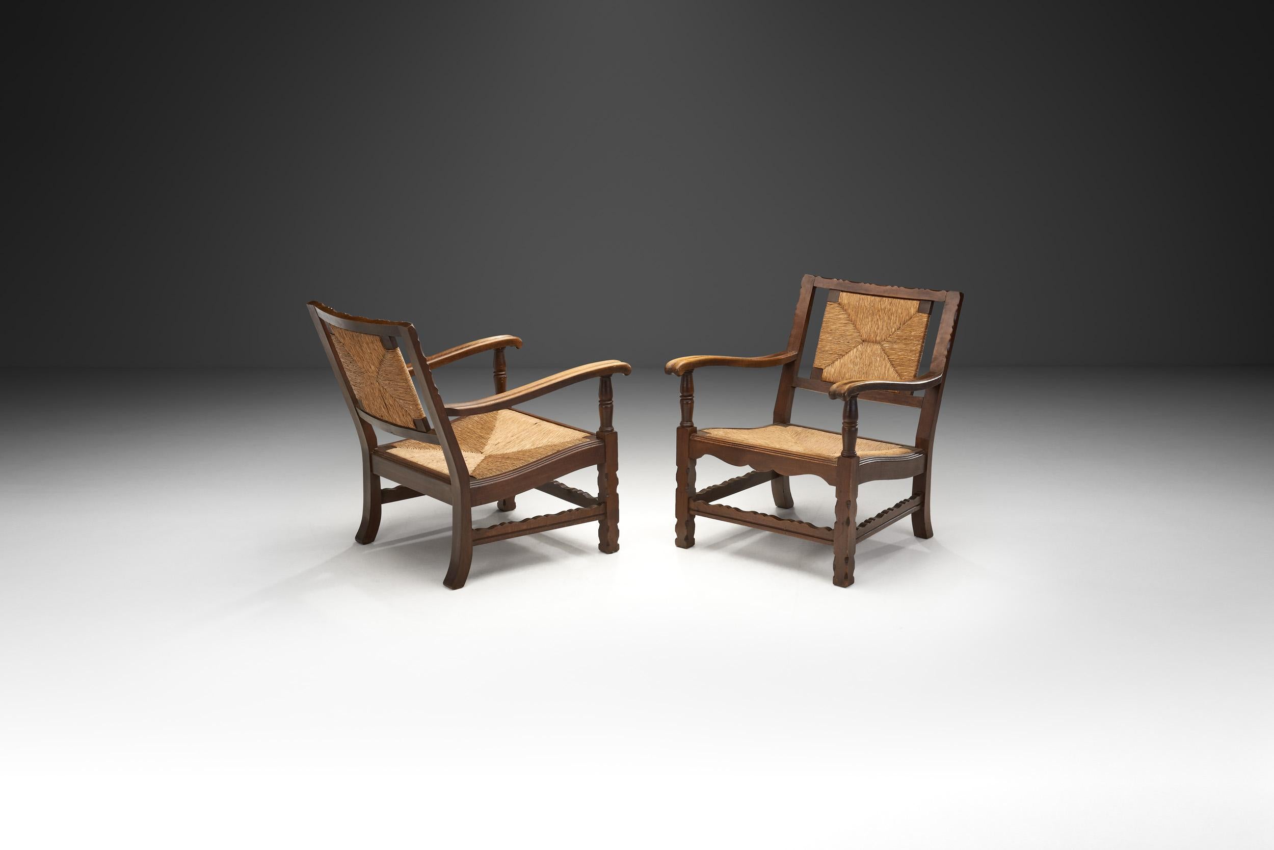 European Mid-Century Handcrafted Wood and Woven Straw Armchairs, Europe ca 1950s For Sale