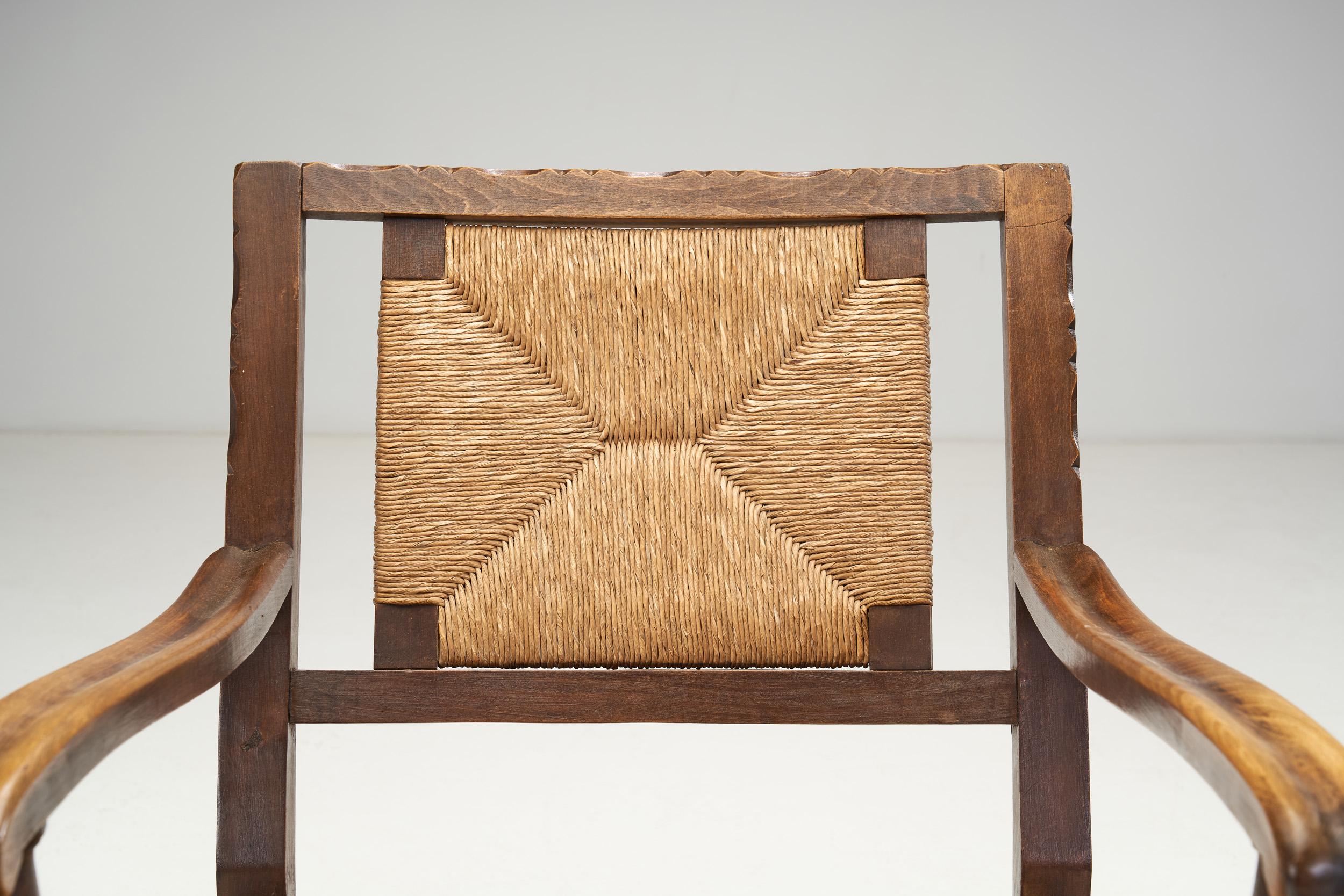 Mid-Century Handcrafted Wood and Woven Straw Armchairs, Europe ca 1950s For Sale 1