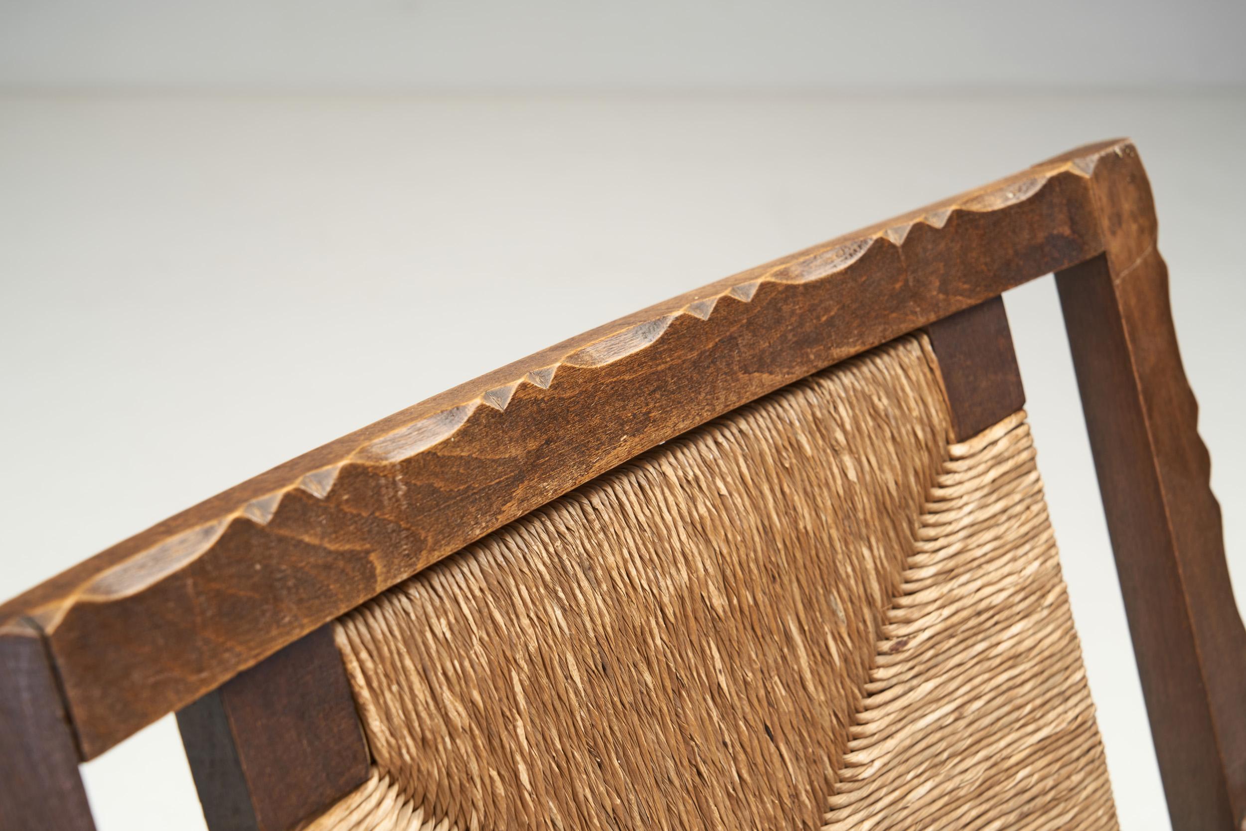 Mid-Century Handcrafted Wood and Woven Straw Armchairs, Europe ca 1950s For Sale 3