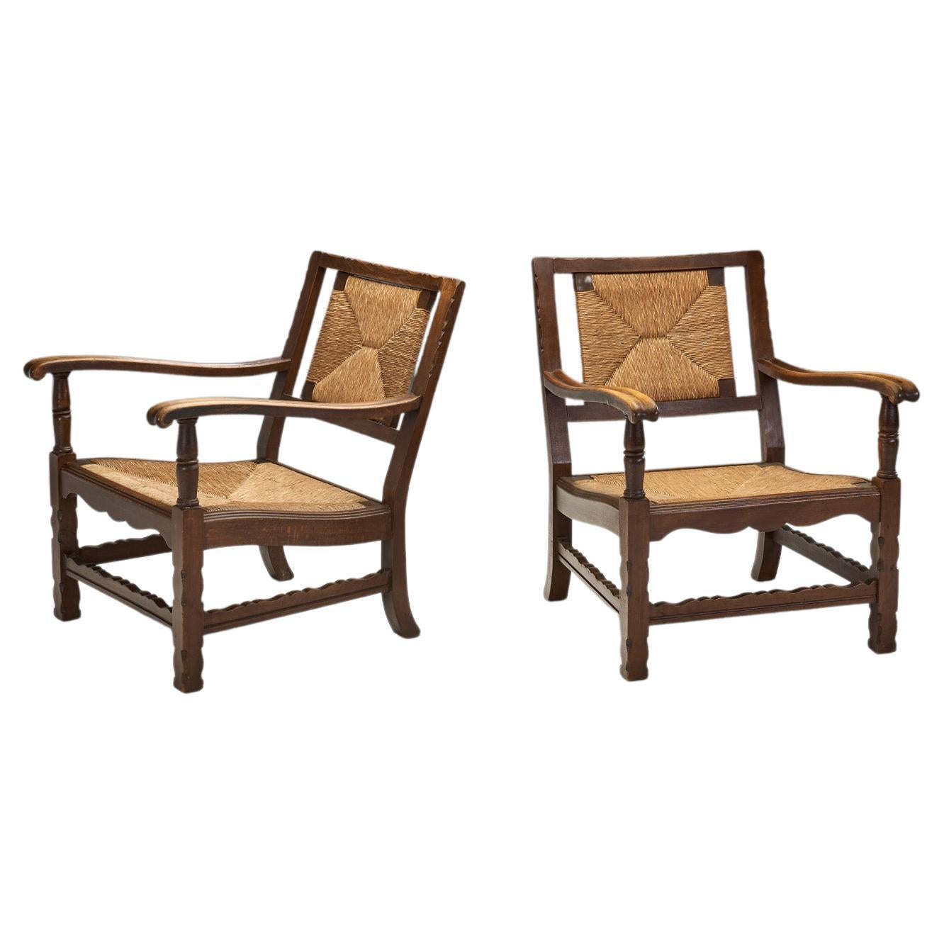 Mid-Century Handcrafted Wood and Woven Straw Armchairs, Europe ca 1950s For Sale