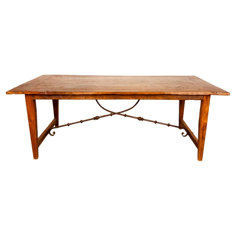 Midcentury Handmade French Rural Oak Dining Table with Smithing, 1960s