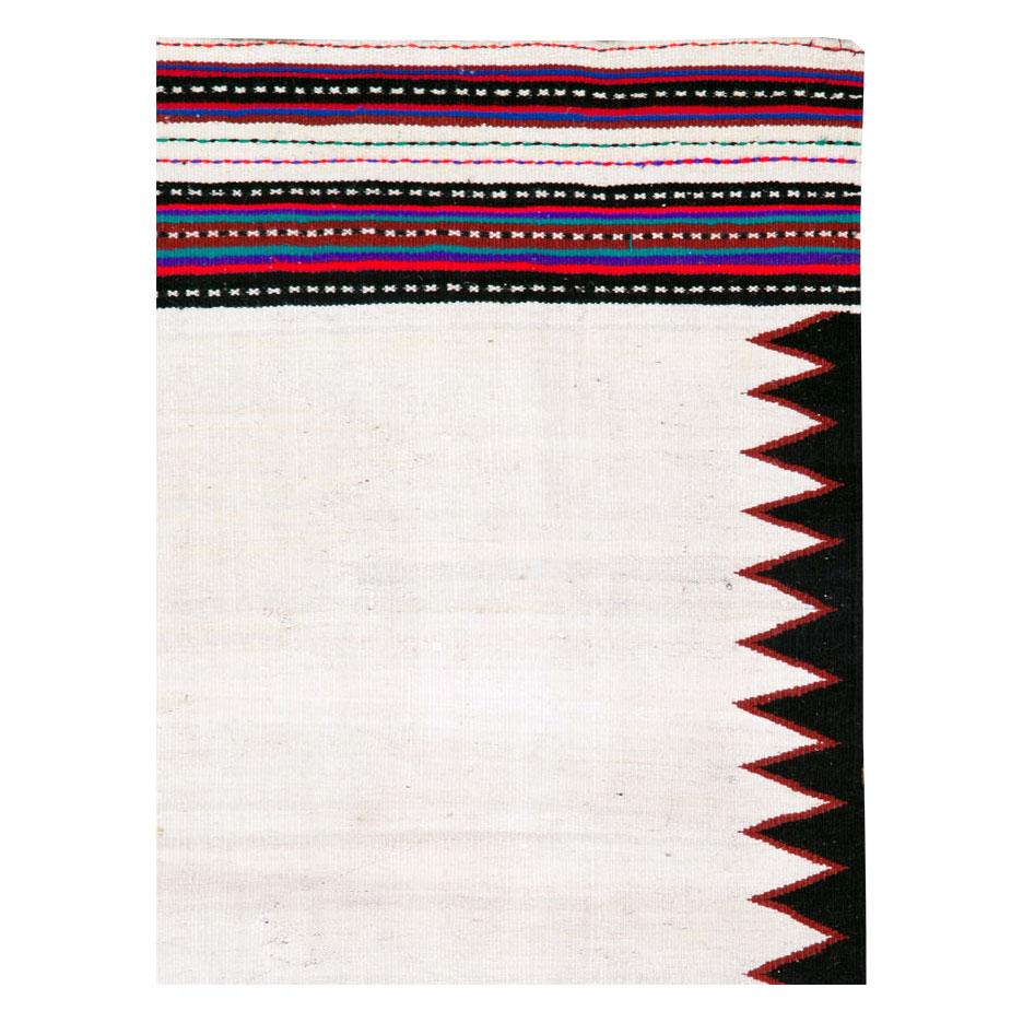 Hand-Woven Midcentury Handmade Persian Tribal Kilim Rug in White, Black and Red