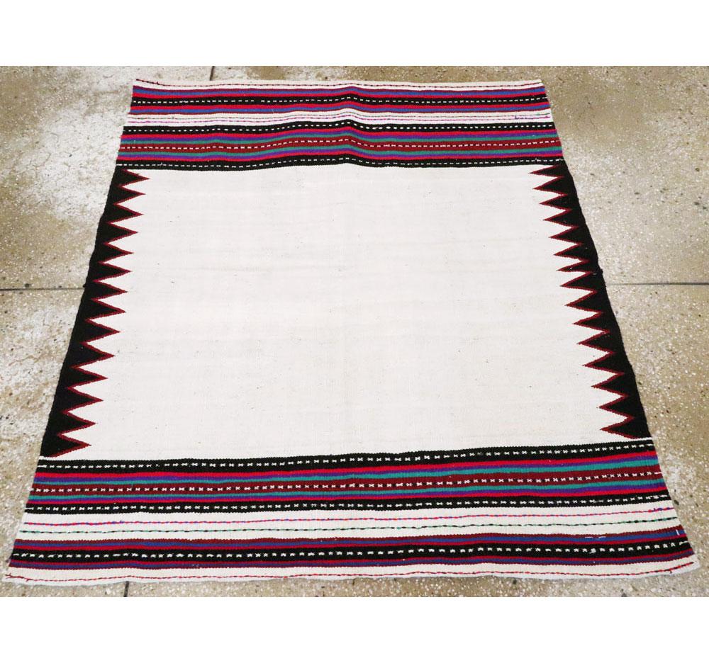 Midcentury Handmade Persian Tribal Kilim Rug in White, Black and Red In Good Condition In New York, NY