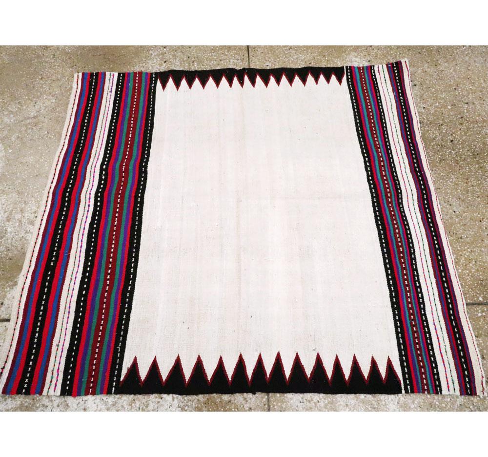 Midcentury Handmade Persian Tribal Kilim Rug in White, Black and Red 1