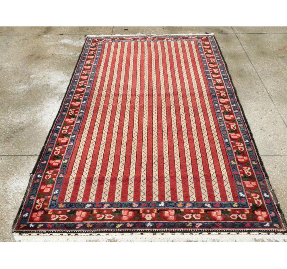 Hand-Knotted Midcentury Handmade Persian Tribal Rug in Red, Ivory, and Blue