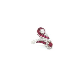 Mid-Century Handmade Ruby and Diamond Bypass Ring made in Platinum