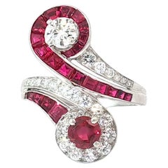 Mid-Century Handmade Ruby and Diamond Bypass Ring made in Platinum