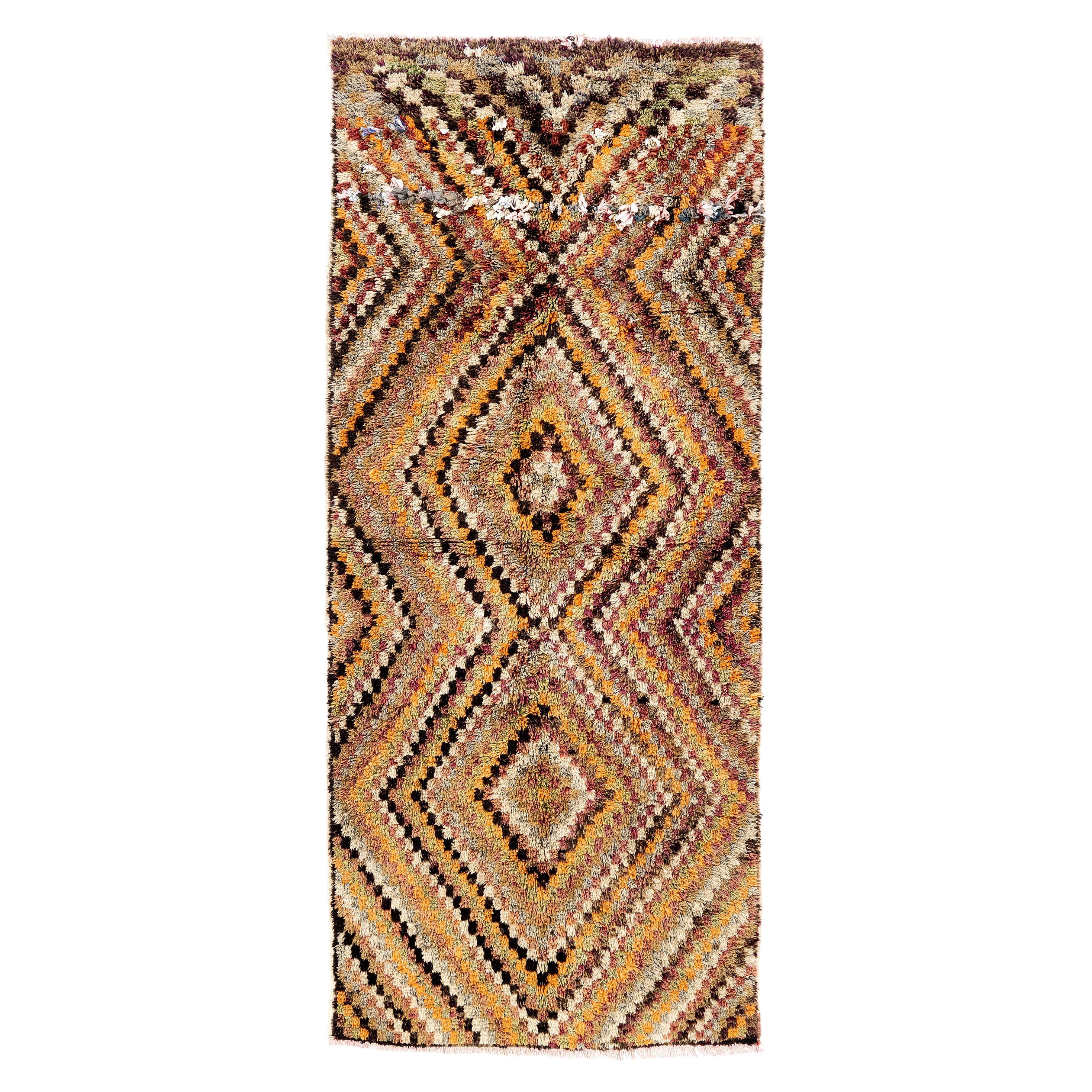 4.3x10 Ft MidCentury Handmade Tulu Runner Rug with Checkered Design, 100% Wool