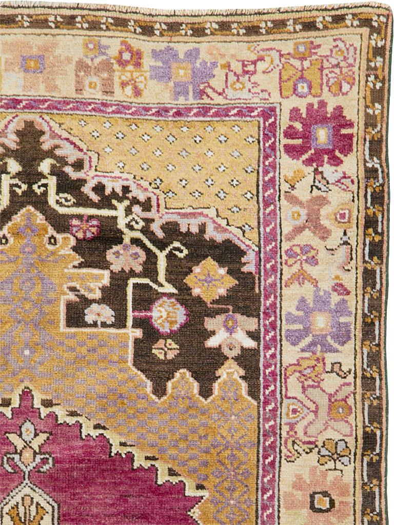 Folk Art Midcentury Handmade Turkish Accent Rug in Magenta, Purple Grey and Golden Brown