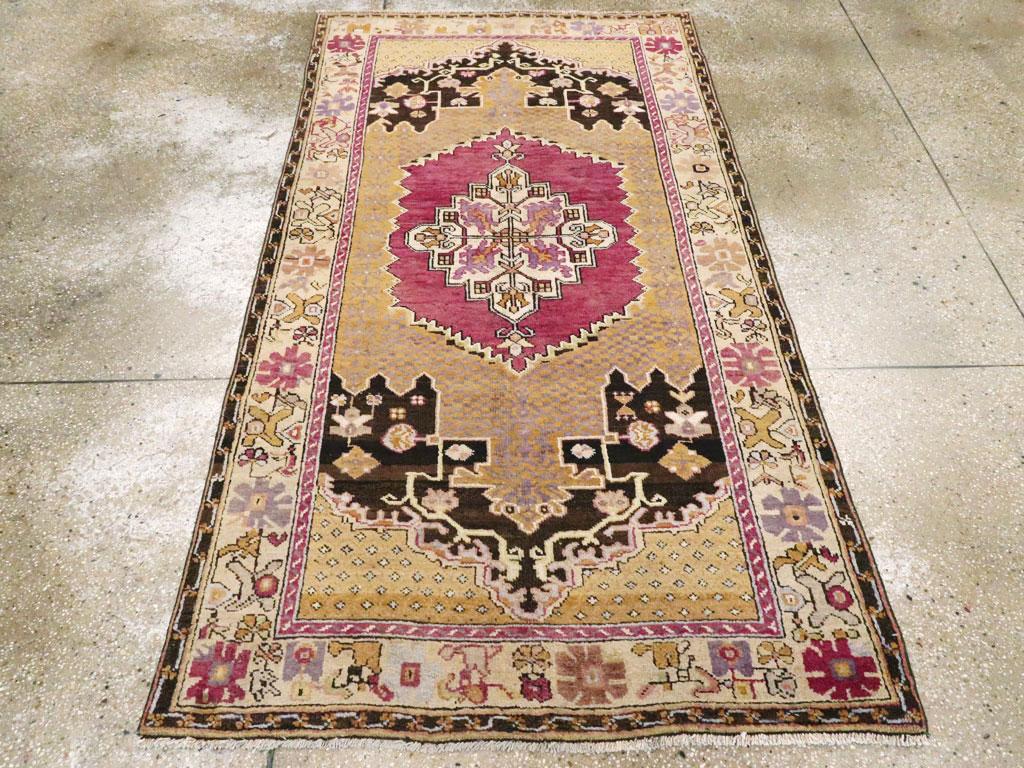 Hand-Knotted Midcentury Handmade Turkish Accent Rug in Magenta, Purple Grey and Golden Brown