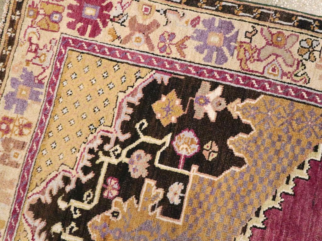 20th Century Midcentury Handmade Turkish Accent Rug in Magenta, Purple Grey and Golden Brown