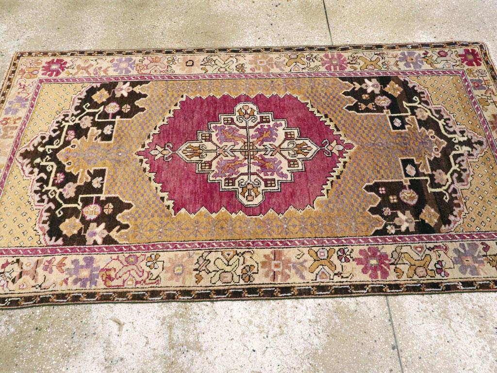 Wool Midcentury Handmade Turkish Accent Rug in Magenta, Purple Grey and Golden Brown