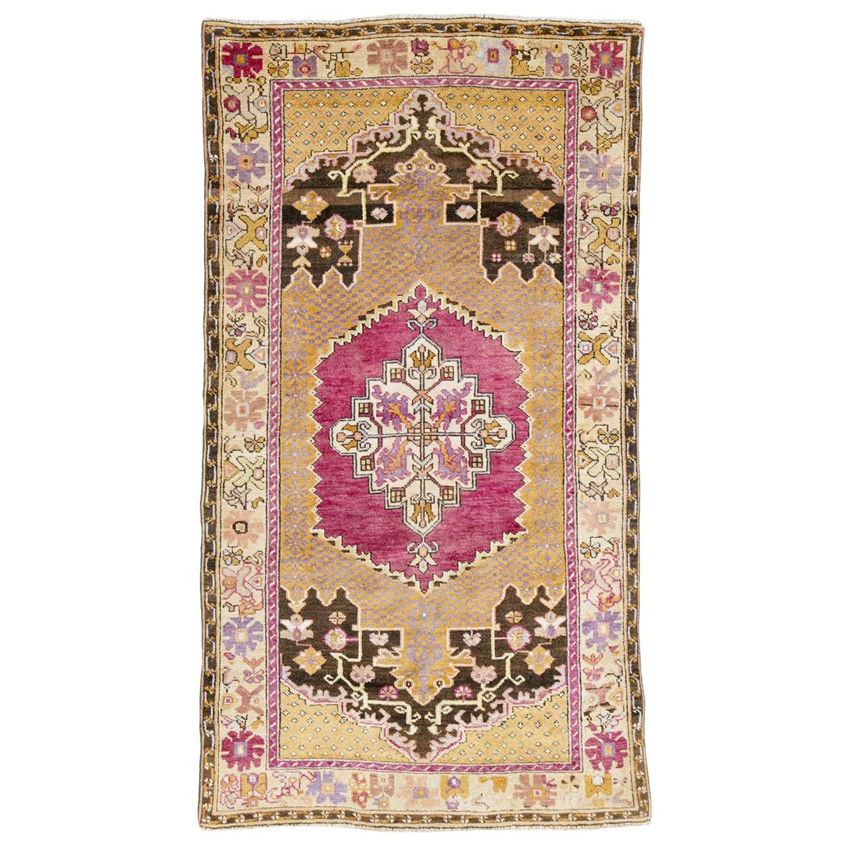 Midcentury Handmade Turkish Accent Rug in Magenta, Purple Grey and Golden Brown