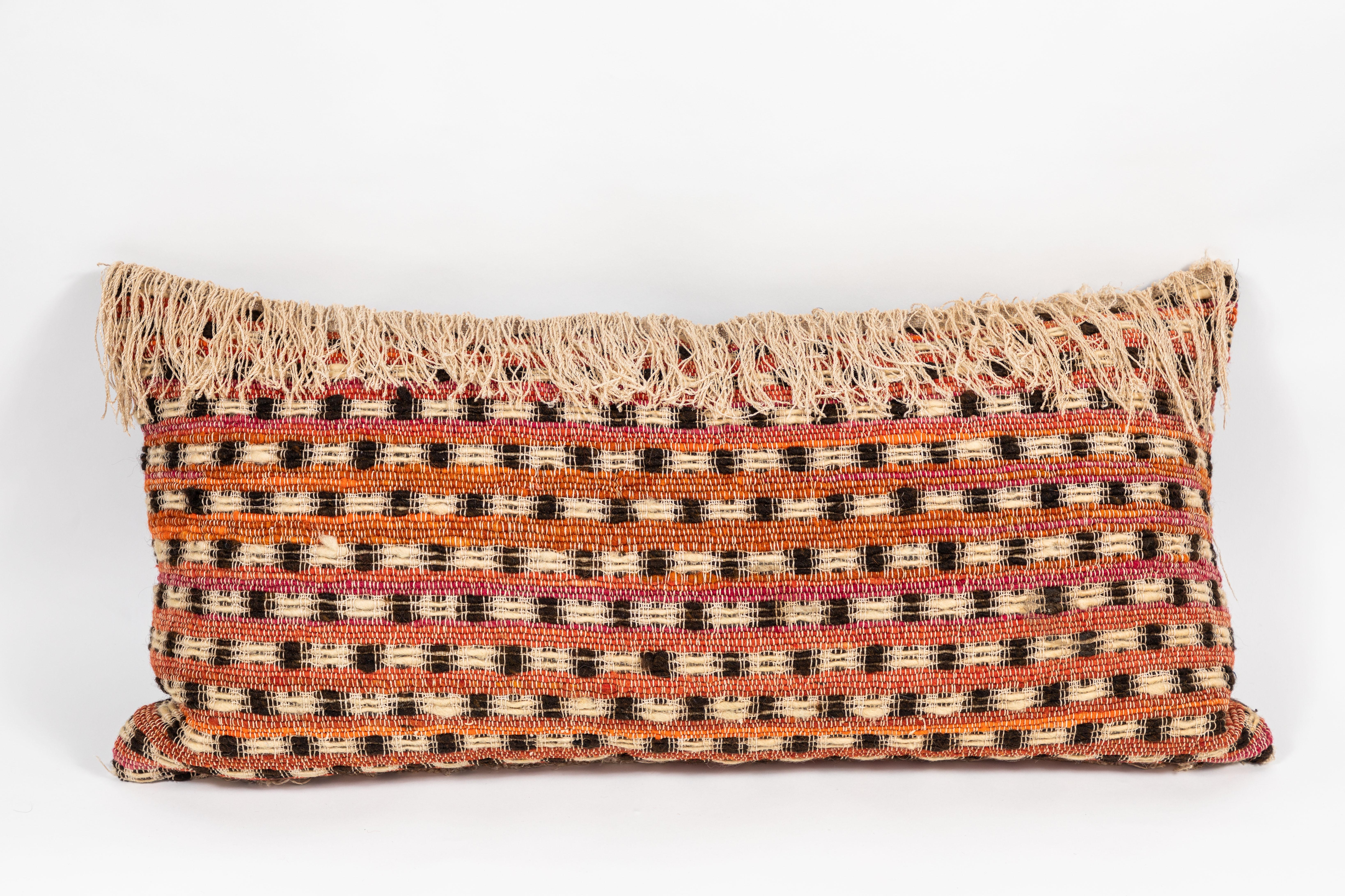 Midcentury Handwoven Tapestry Pillow with Fringe In Good Condition In Pasadena, CA