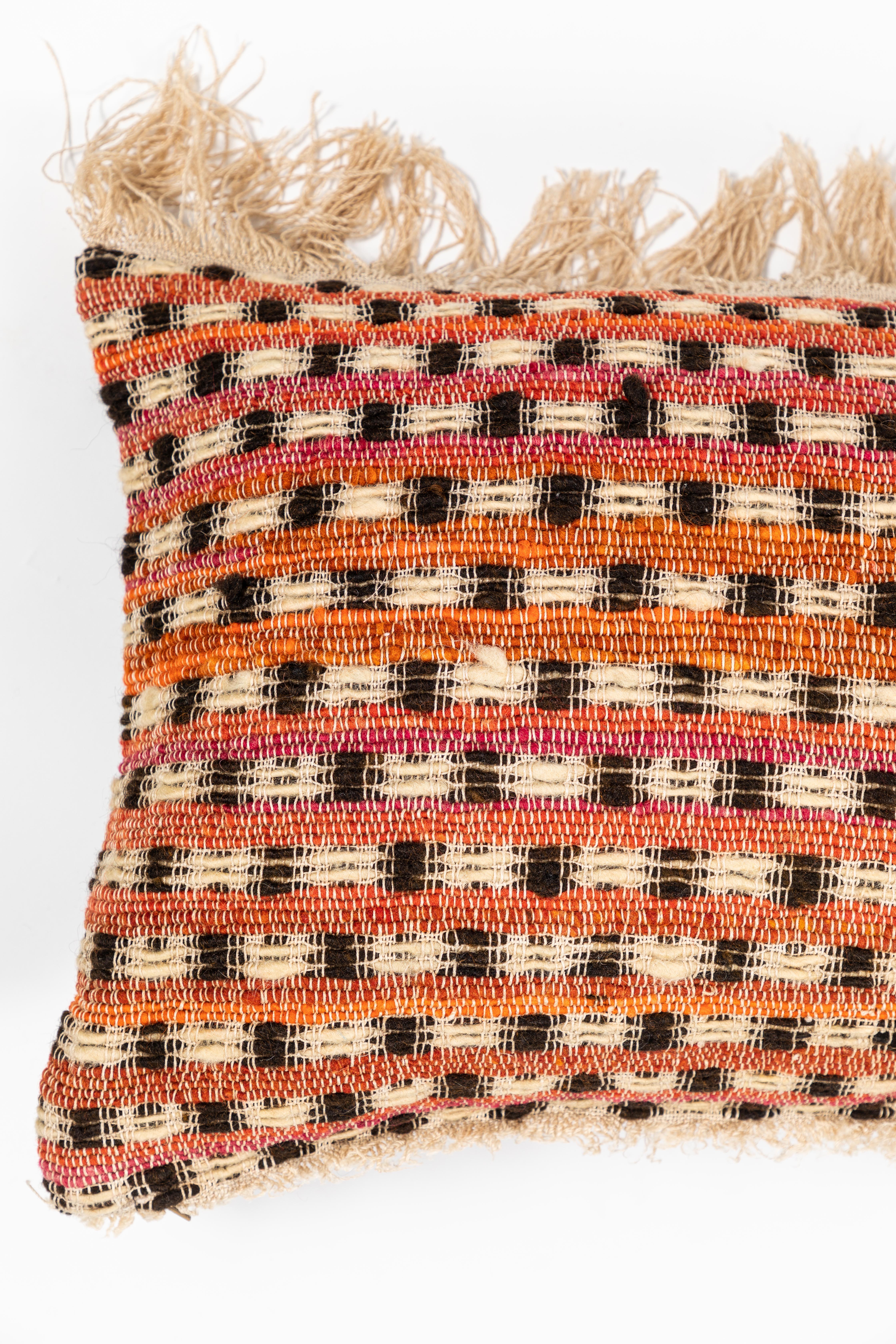 Linen Midcentury Handwoven Tapestry Pillow with Fringe