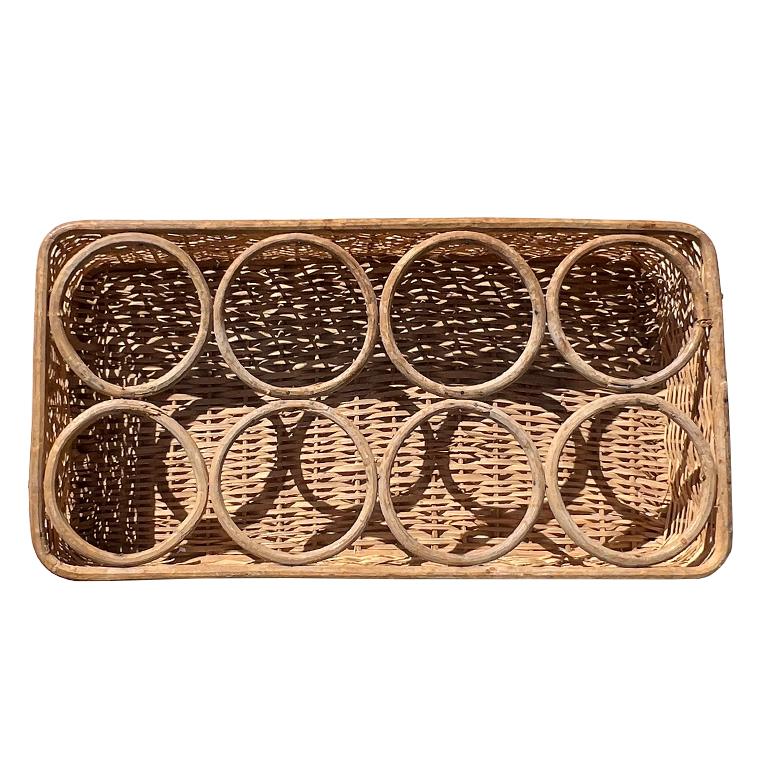 Country Mid-Century Handwoven Wicker Table Wine Rack or Tray — Sourced in Santa Fe For Sale