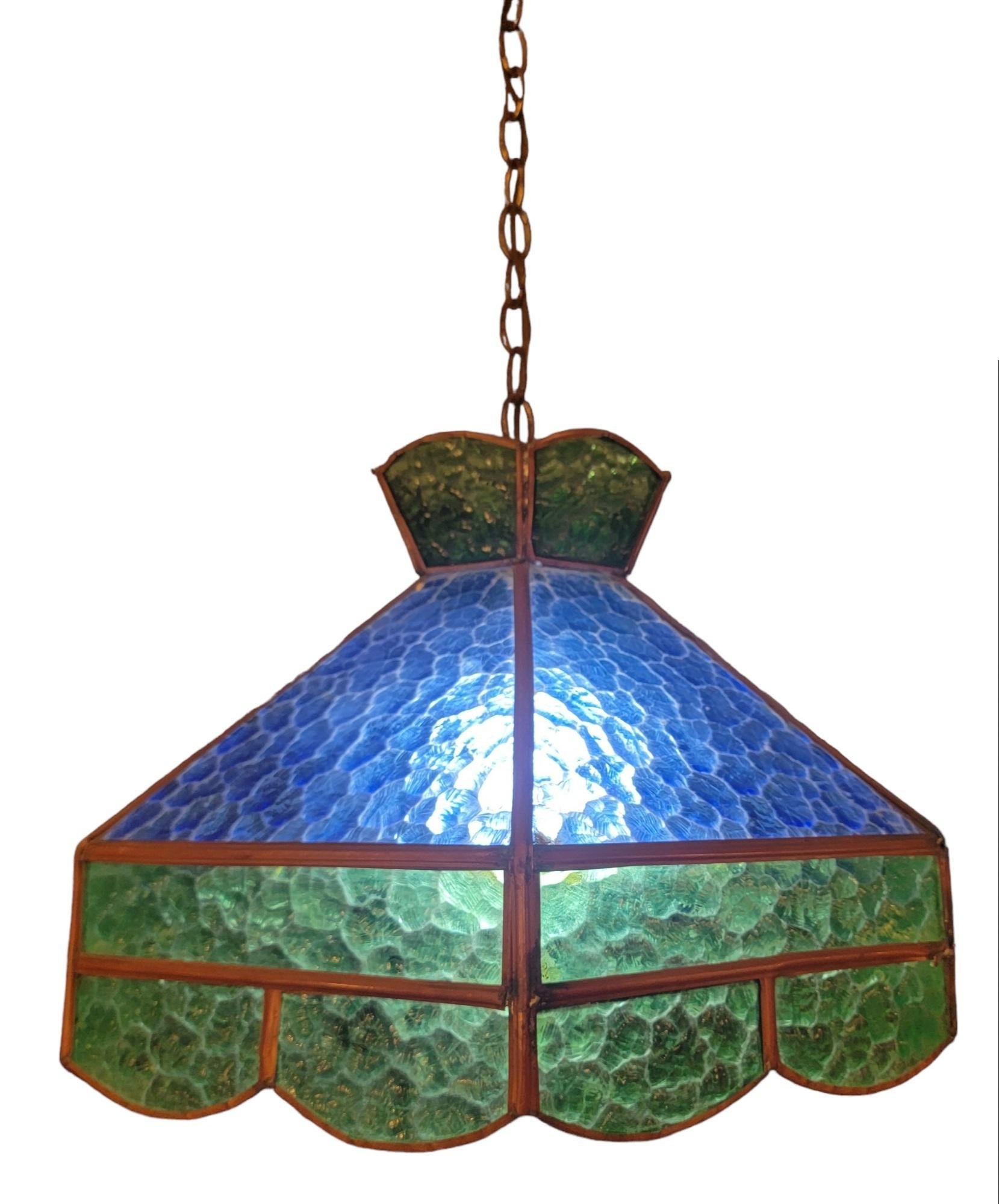 European Mid Century Hanging Blue/Geen Stained Glass Pendant Light For Sale