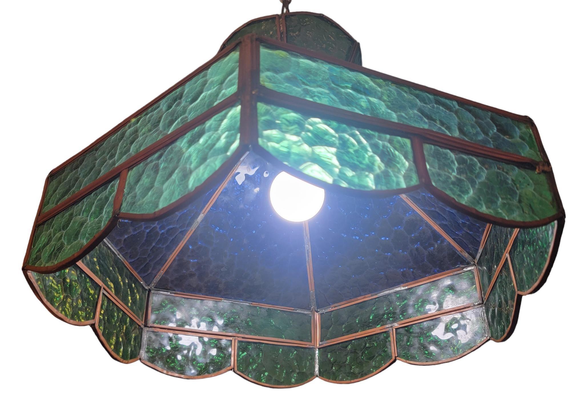 Mid Century Hanging Blue/Geen Stained Glass Pendant Light In Fair Condition For Sale In Pasadena, CA