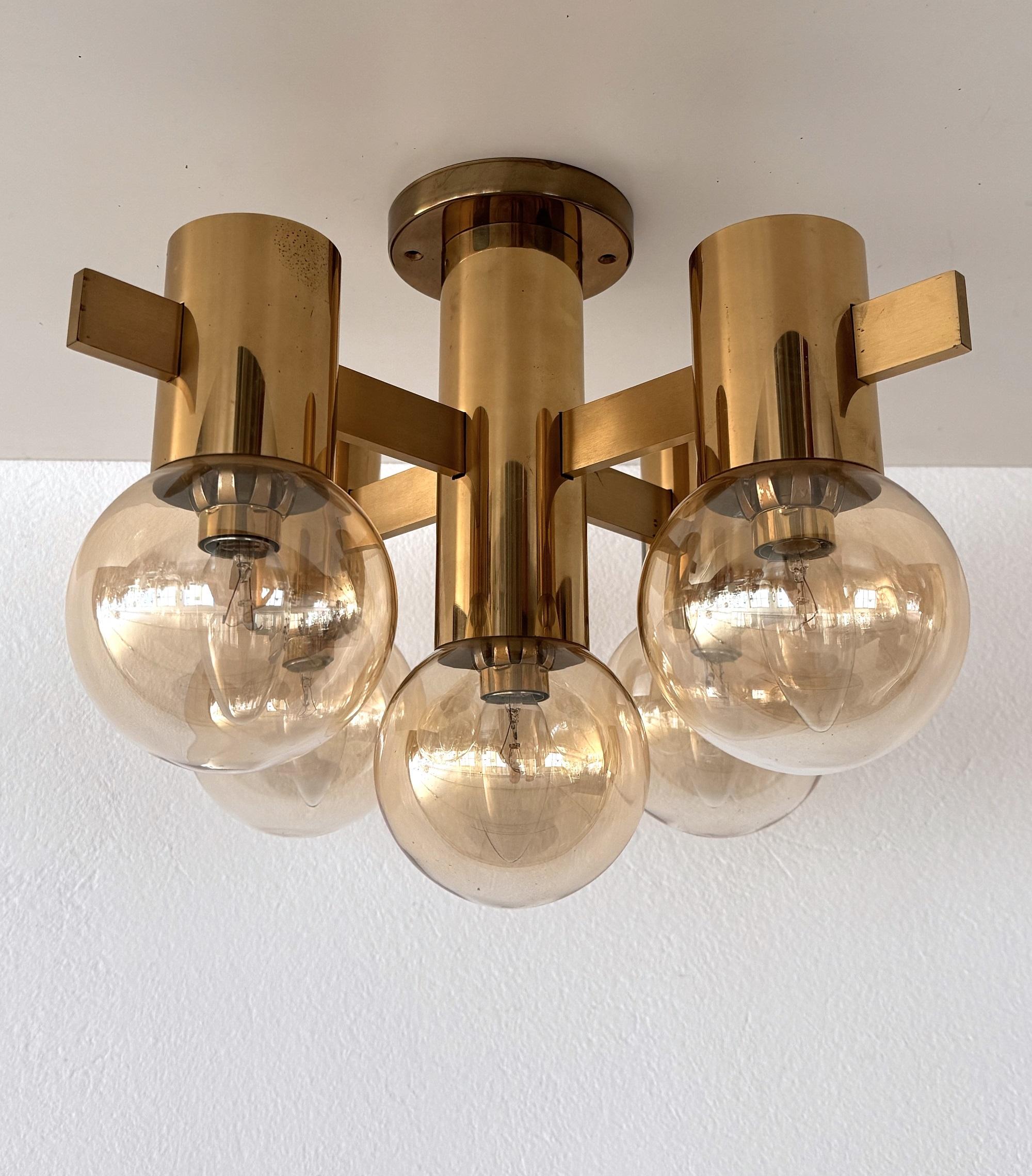 Mid-Century Modern Mid-Century Hans-Agne Jakobsson Brass Flush Mount Chandelier with 5 Glasses For Sale