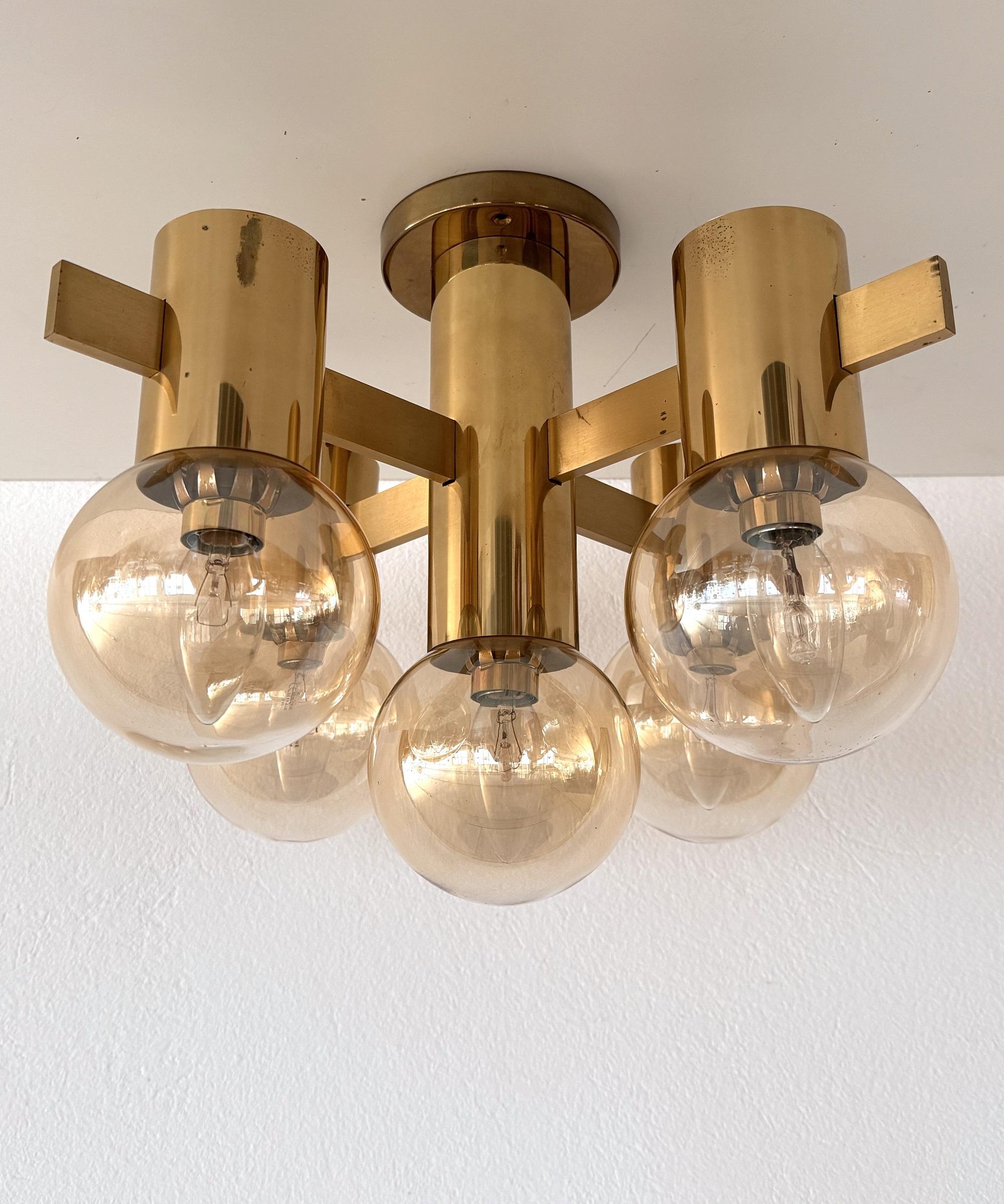 Swedish Mid-Century Hans-Agne Jakobsson Brass Flush Mount Chandelier with 5 Glasses For Sale