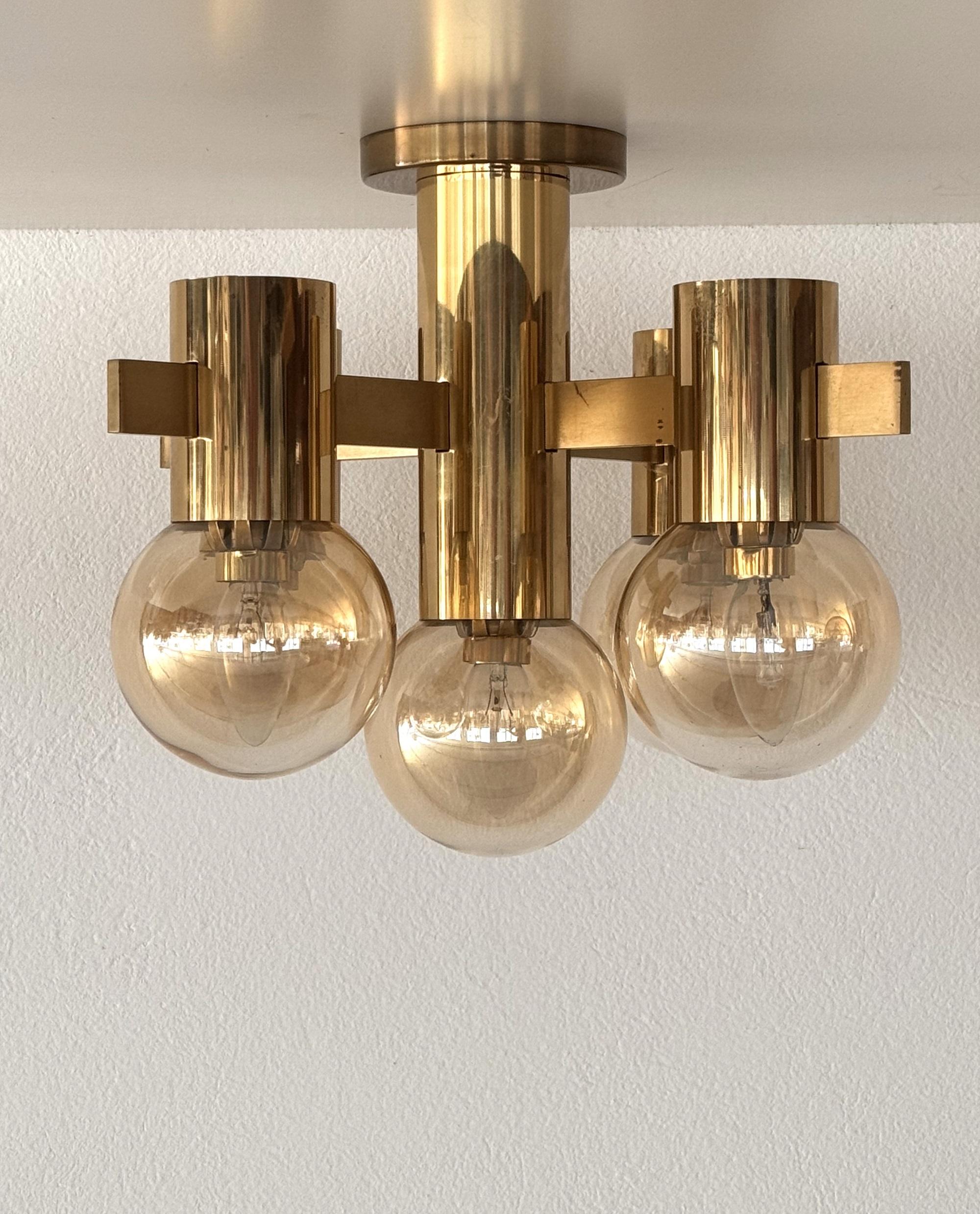 Mid-Century Hans-Agne Jakobsson Brass Flush Mount Chandelier with 5 Glasses For Sale 1
