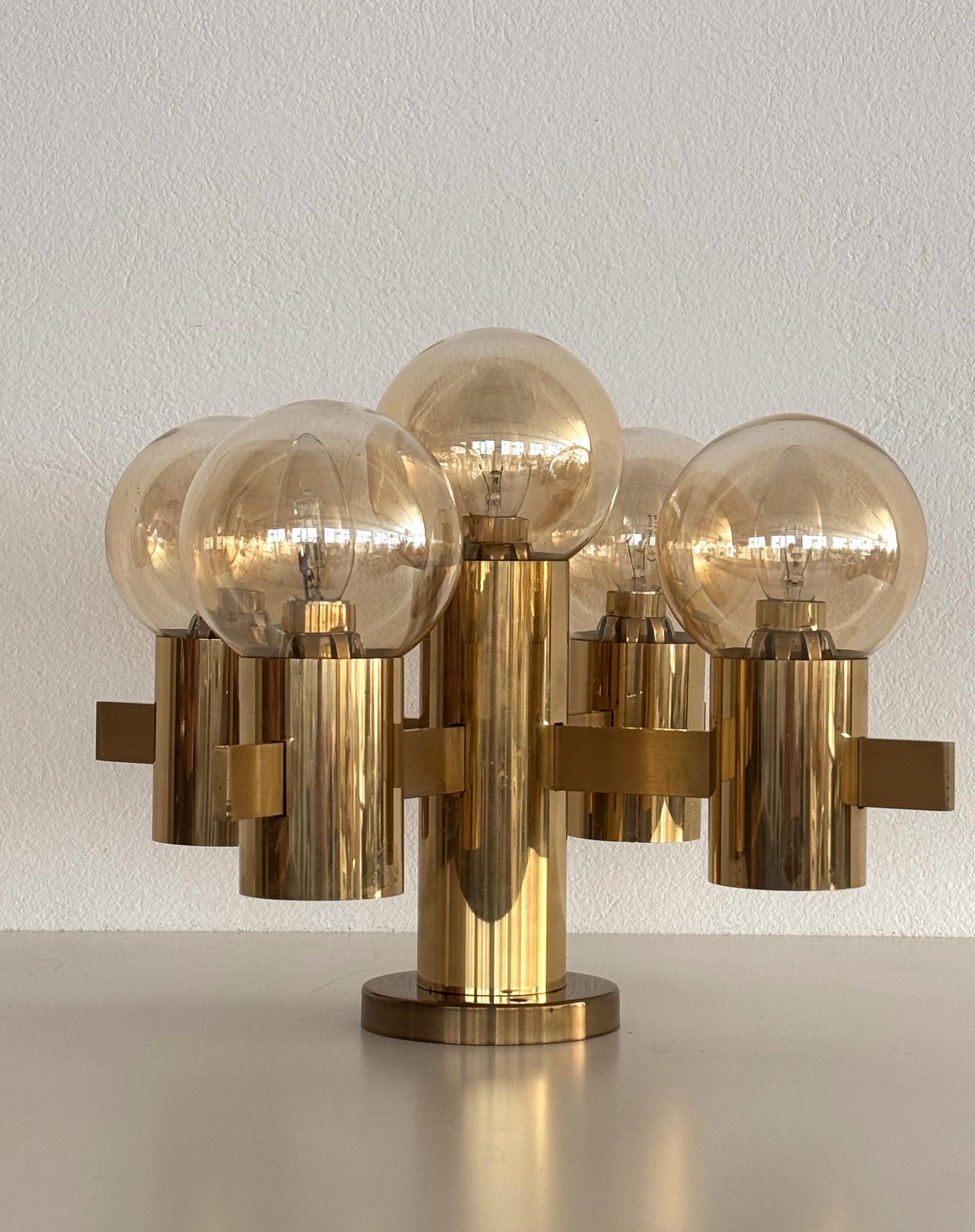 Mid-Century Hans-Agne Jakobsson Brass Flush Mount Chandelier with 5 Glasses For Sale 2