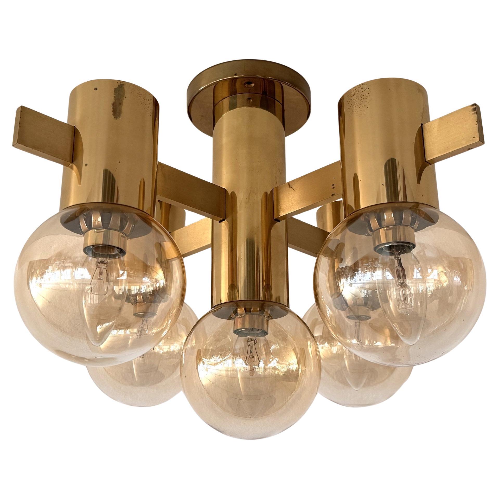 Mid-Century Hans-Agne Jakobsson Brass Flush Mount Chandelier with 5 Glasses For Sale