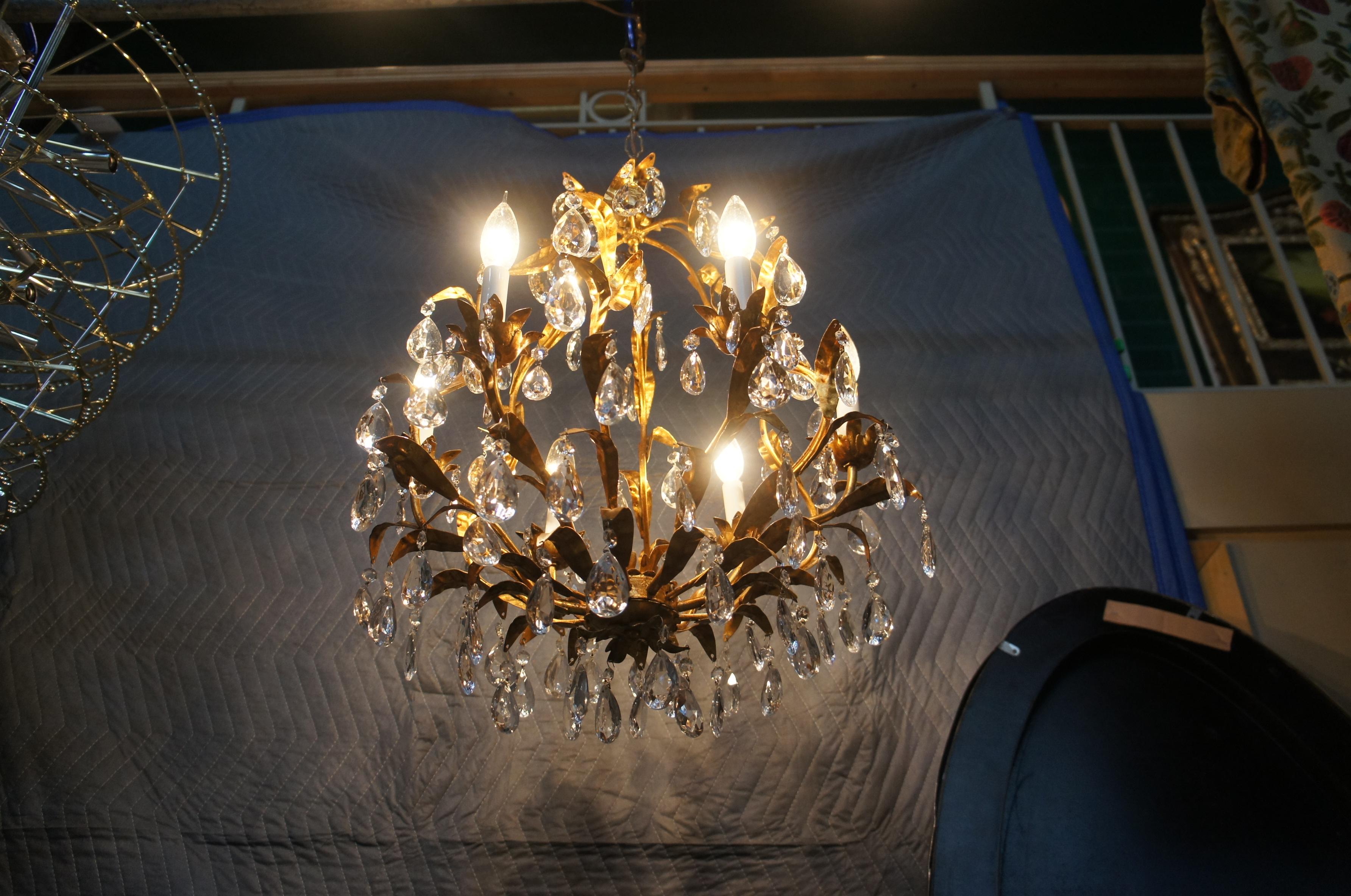 Midcentury Hans Kogl Italian Hollywood Regency Gilt Tole Crystal Chandelier MCM 7