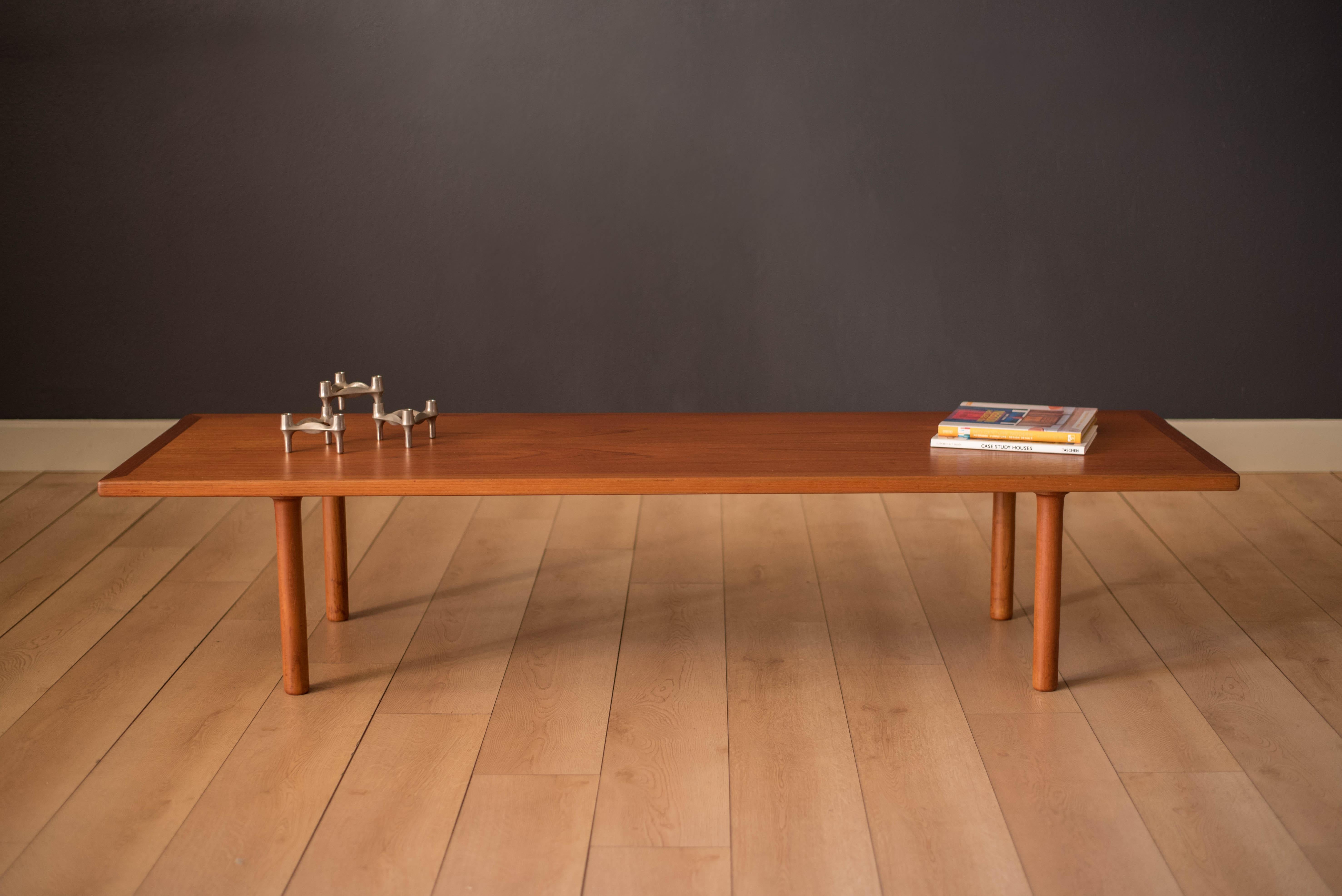 Vintage Danish coffee table designed by Hans Wegner for Andreas Tuck model AT-12. This piece displays a long rectangular table top with flowing teak grains. Supported by thick linear turned legs.
  


Offered by Mid Century Maddist