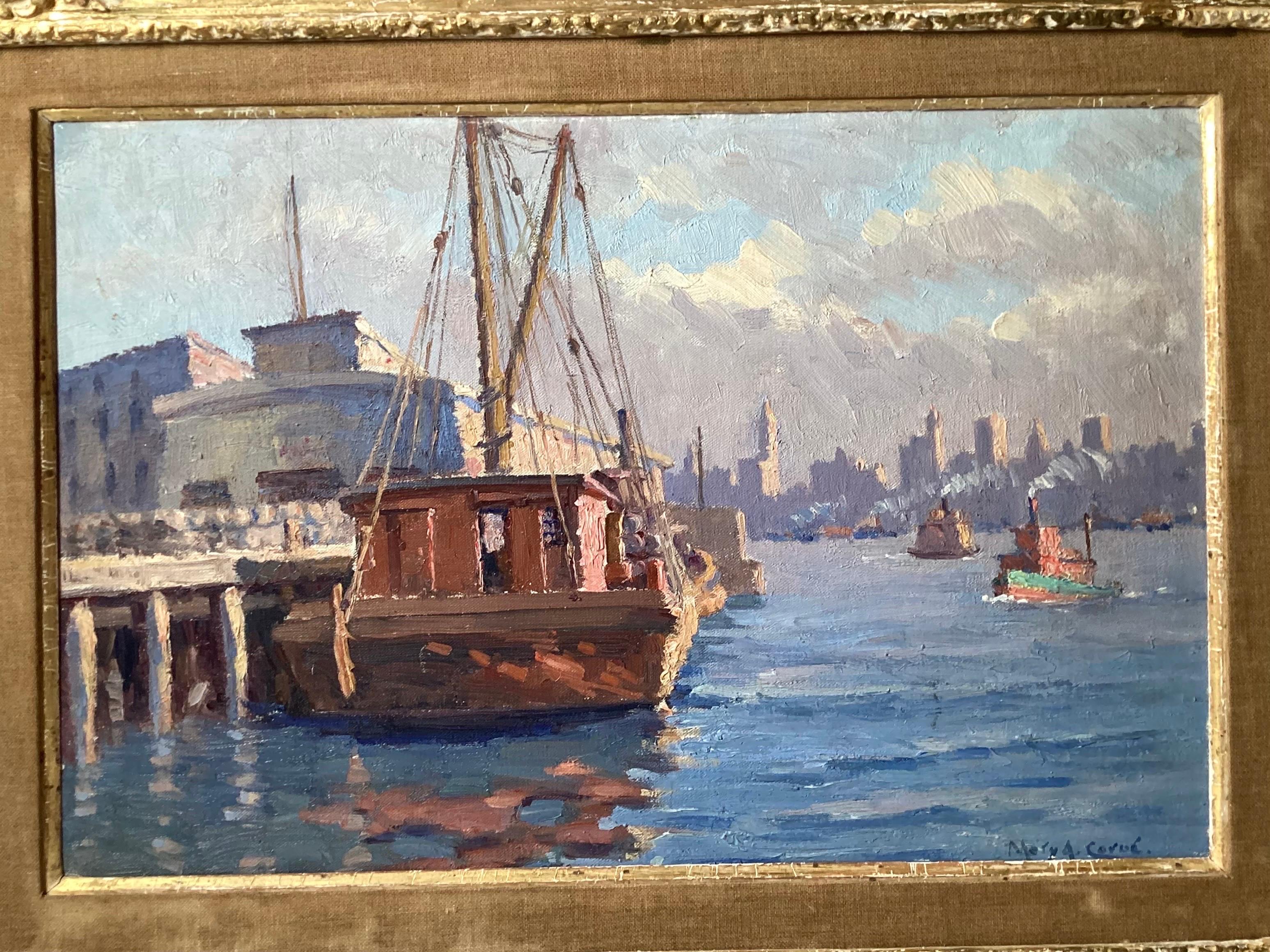An mid 20th century impressionist style oil boar of a harbor scene. The painting in original weather gilt surface frame. The painting is artist signed in blue, somewhat illegible, last name is Carol. the painting framed measures 24 inches wide 18