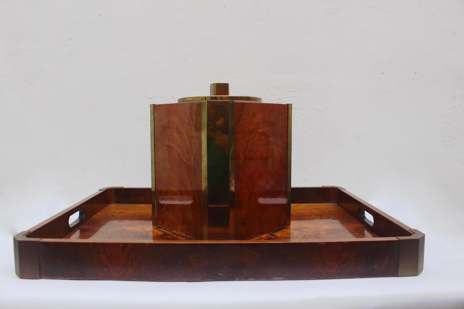 Mid-Century Modern Midcentury Hard Wood Ice Bucket with Matching Tray, 1970s For Sale