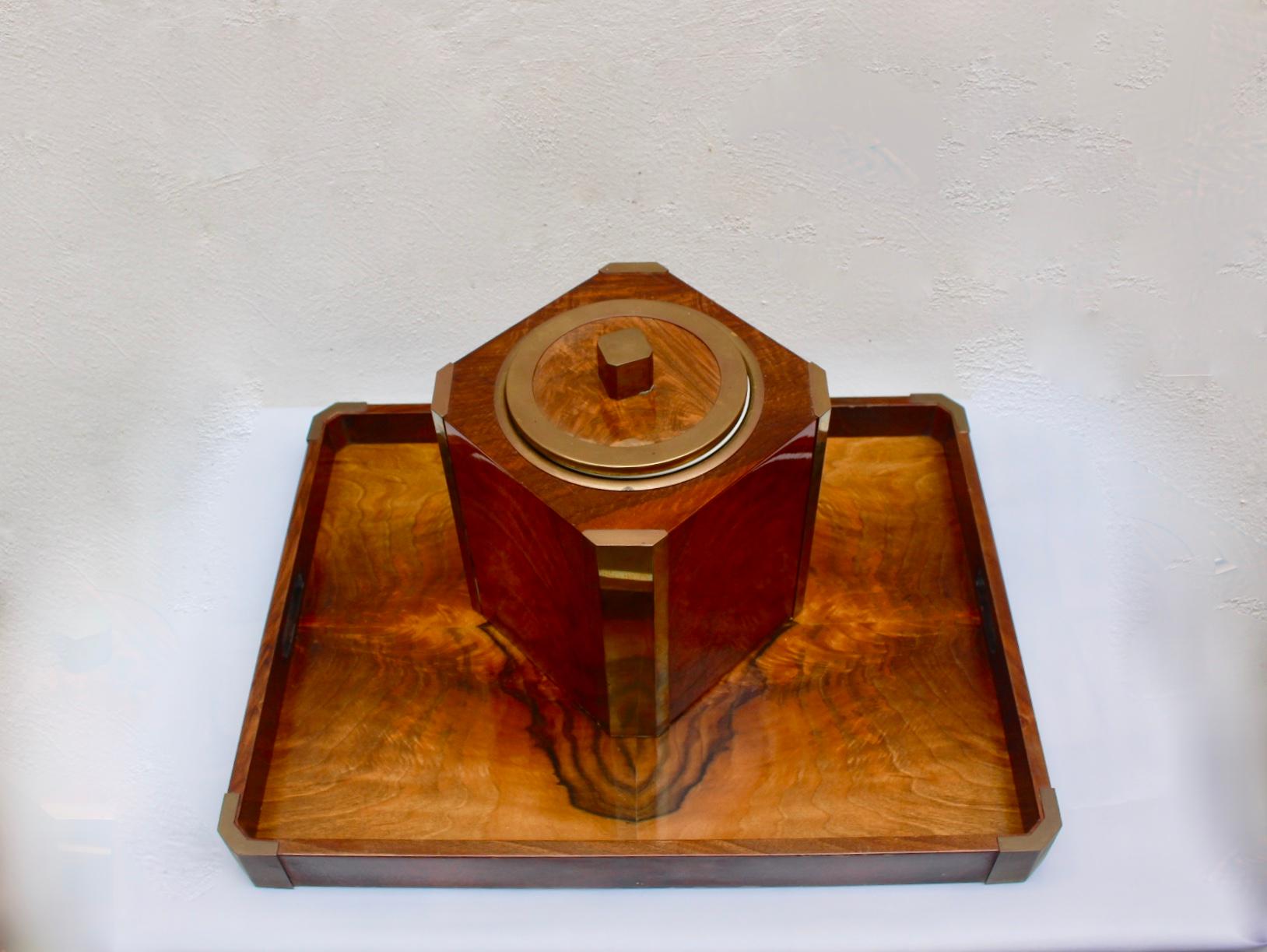 European Midcentury Hard Wood Ice Bucket with Matching Tray, 1970s For Sale