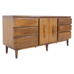 Mid Century Harlequin Bow Front Inlaid Walnut 9 Drawer Lowboy Dresser