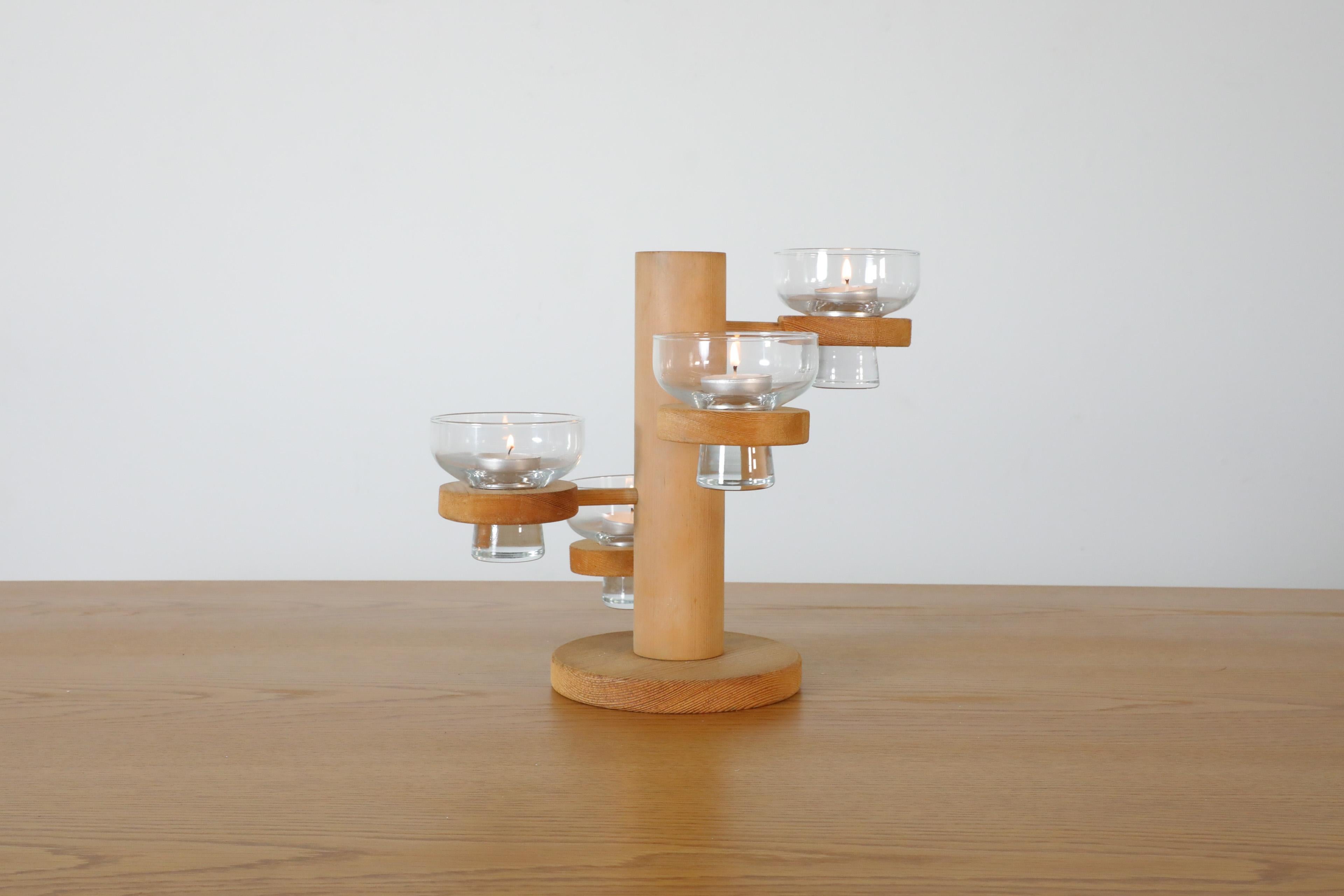 Mid-Century Modern Mid-Century Harlyk Denmark Multi-Level Pine Candle Holder with Glass Dishes For Sale