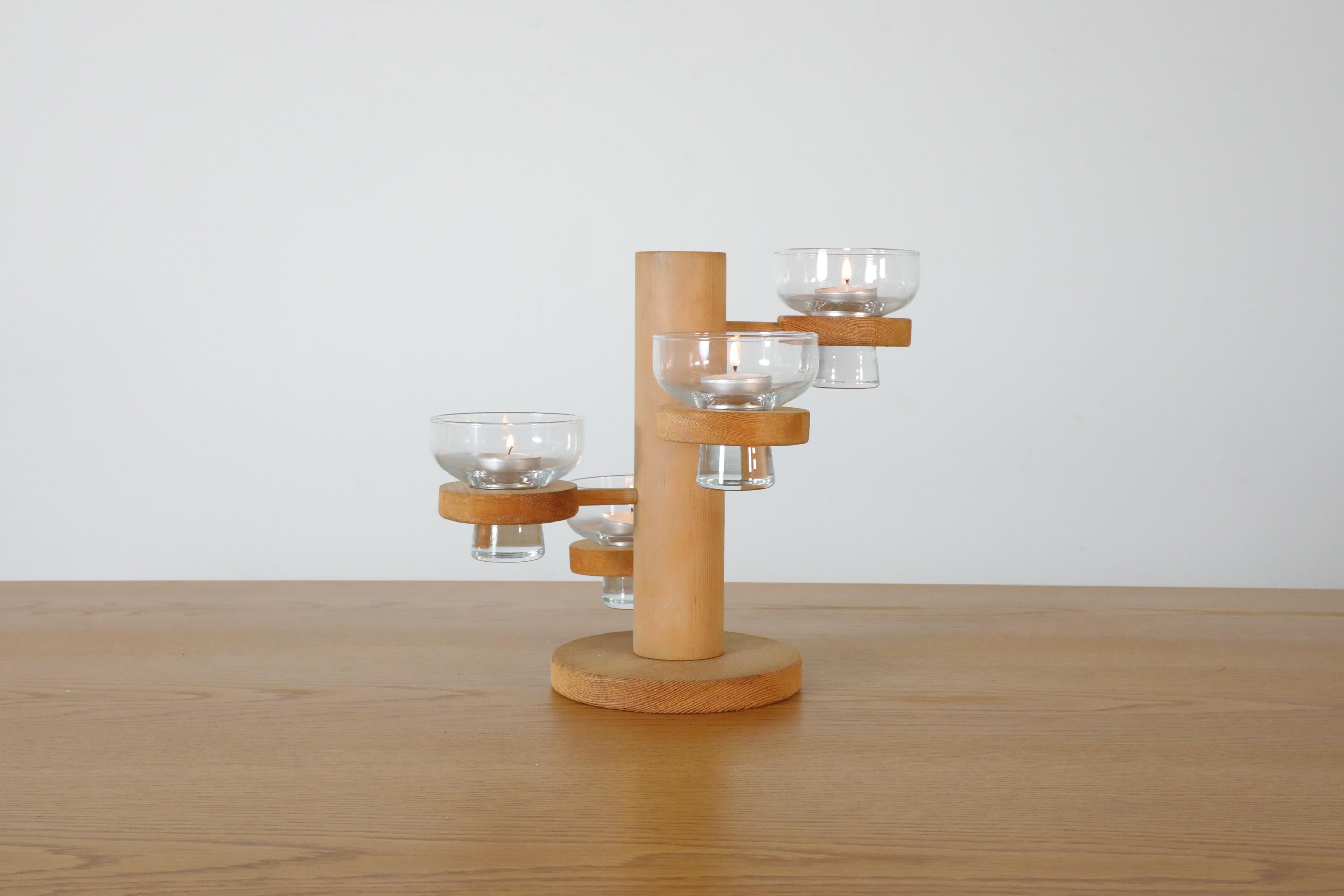 Mid-Century Modern Mid-Century Harlyk Denmark Multi-Level Pine Candle Holder with Glass Dishes