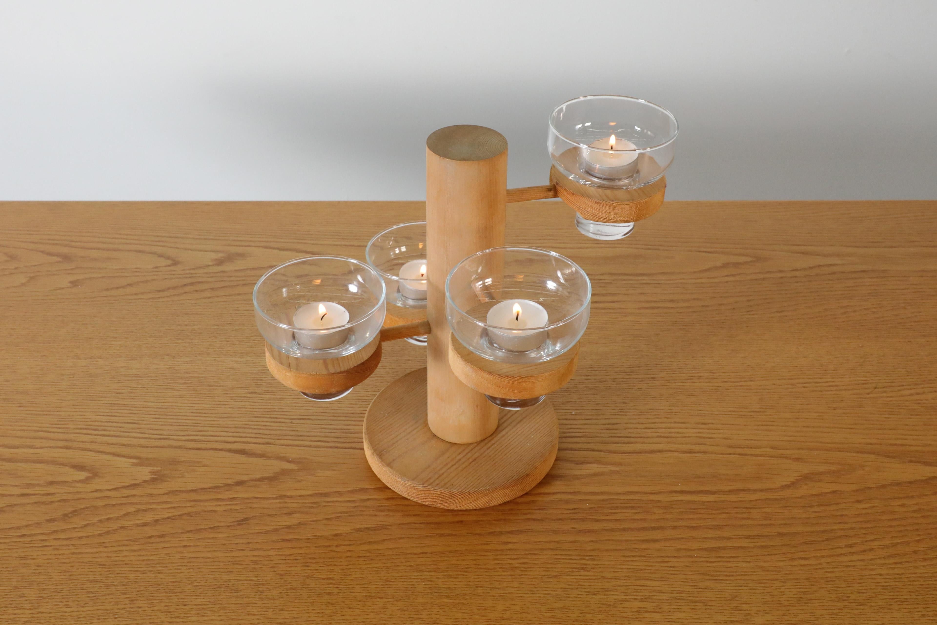 Danish Mid-Century Harlyk Denmark Multi-Level Pine Candle Holder with Glass Dishes For Sale