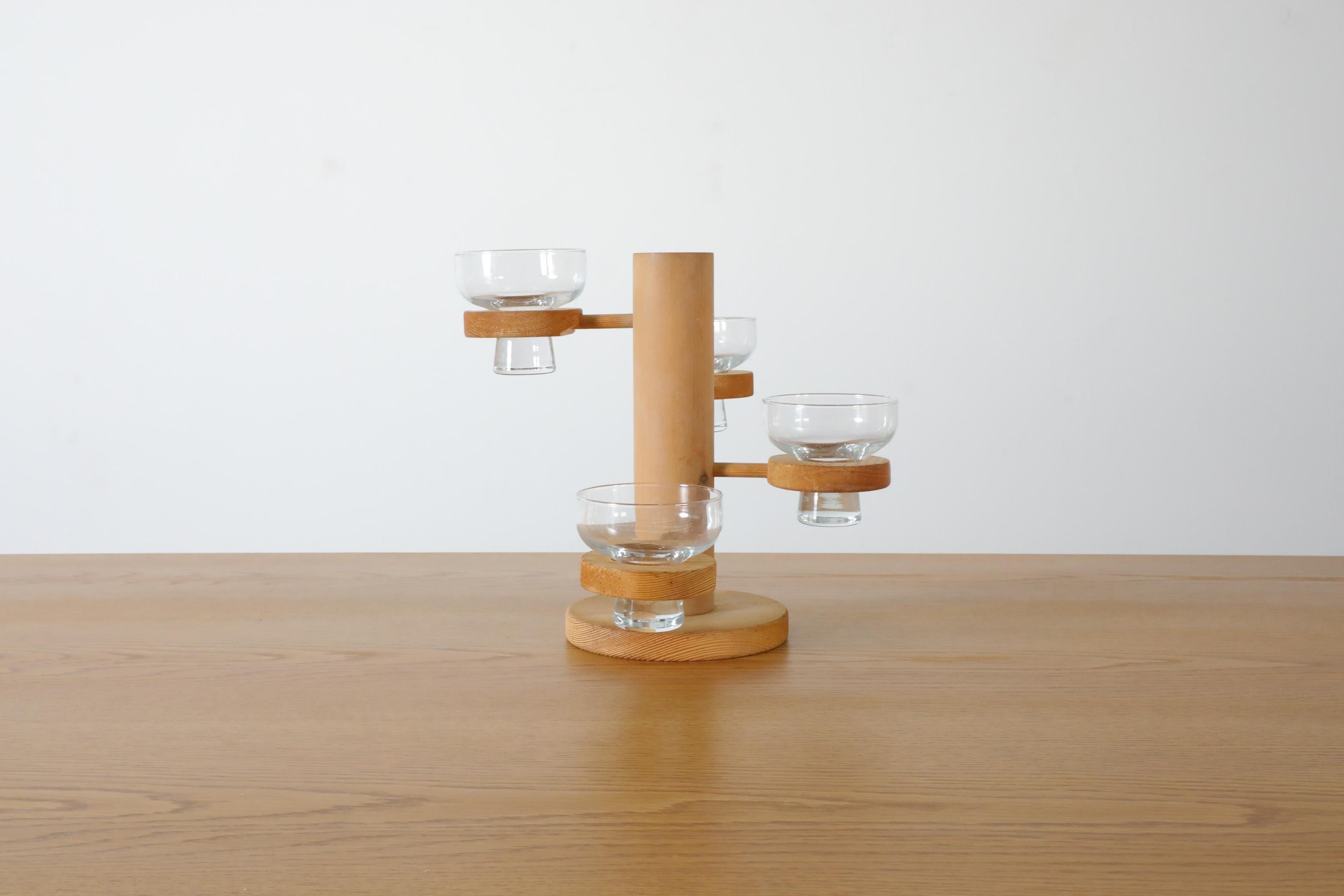 Mid-Century Harlyk Denmark Multi-Level Pine Candle Holder with Glass Dishes 1