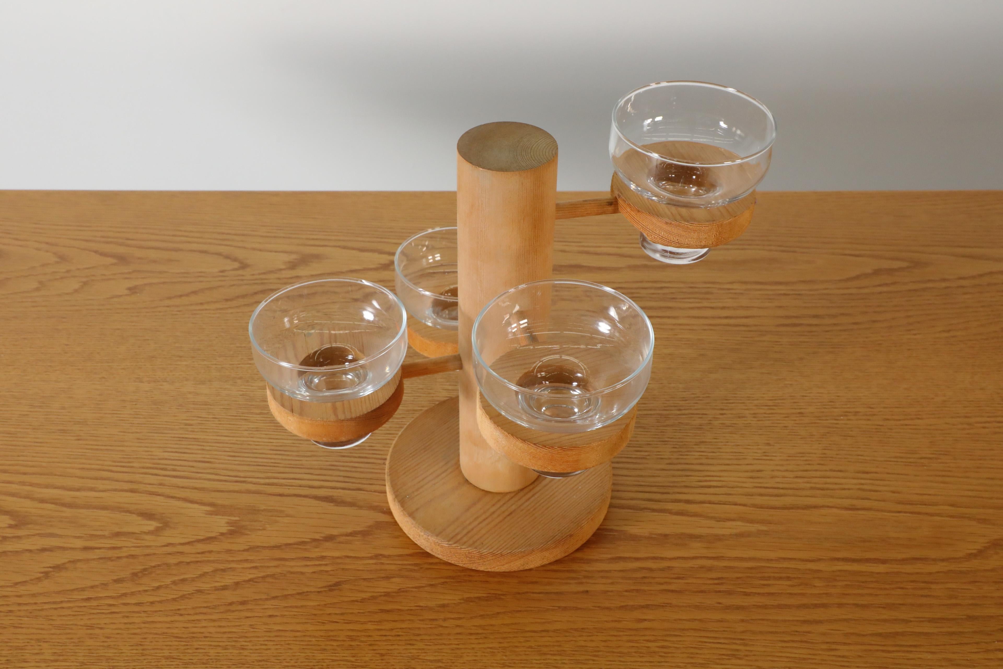 Mid-Century Harlyk Denmark Multi-Level Pine Candle Holder with Glass Dishes For Sale 3