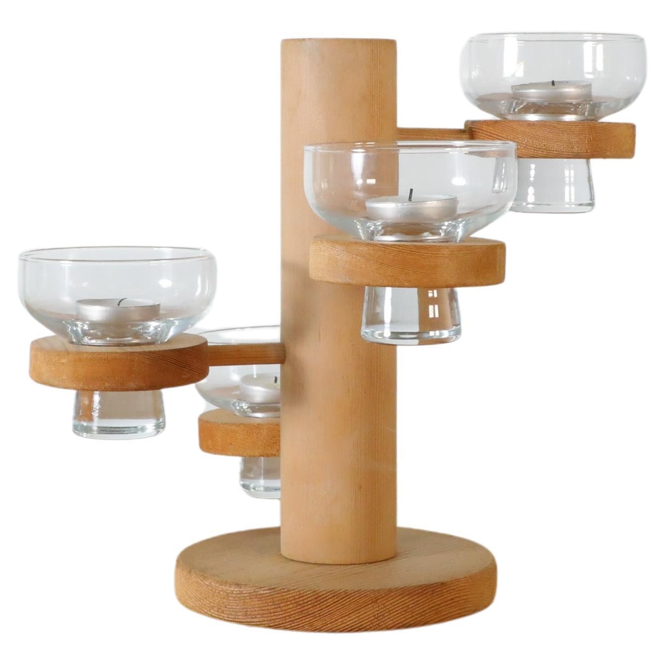 Mid-Century Harlyk Denmark Multi-Level Pine Candle Holder with Glass Dishes