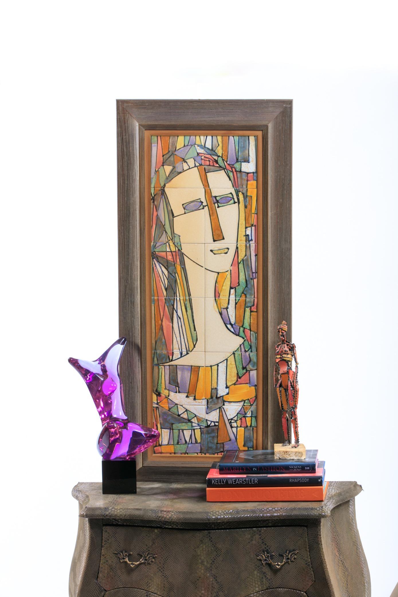 Harris Strong Mid-Century Modern portrait of a lady executed in ceramic tiles, framed, label on reverse side. Want to see more beautiful things? Scroll down below and click 