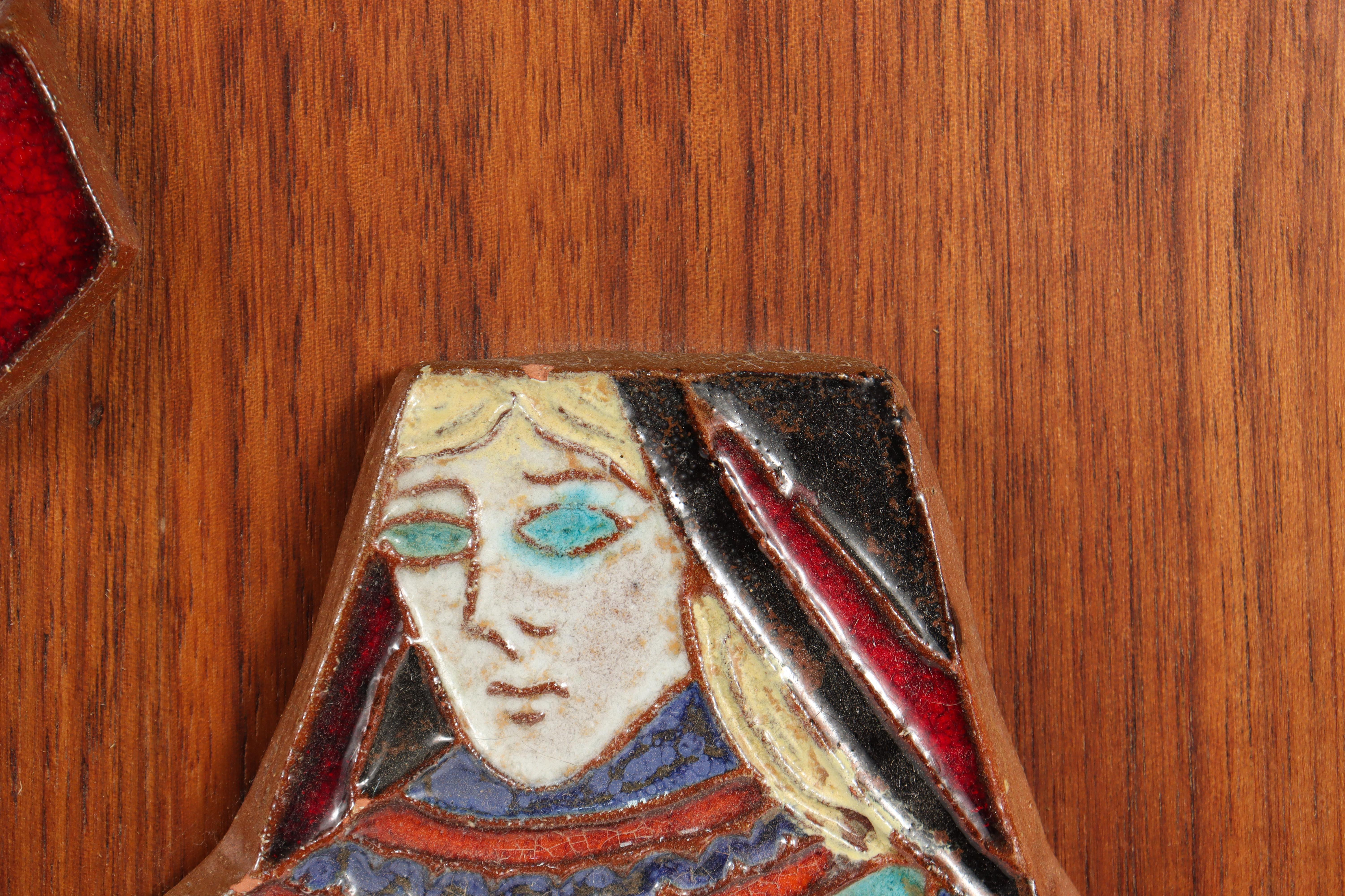 American Mid-Century Harris Strong Queen of Diamonds Art Pottery Tile of Playing Cards For Sale