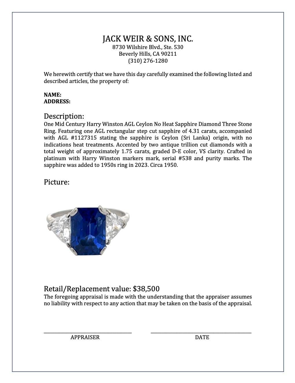 Women's or Men's Mid Century Harry Winston AGL Ceylon No Heat Sapphire Diamond Three Stone Ring