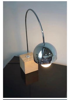 Mid-Century Harvey Guzzini Chrome and Travertine Arc Table Lamp