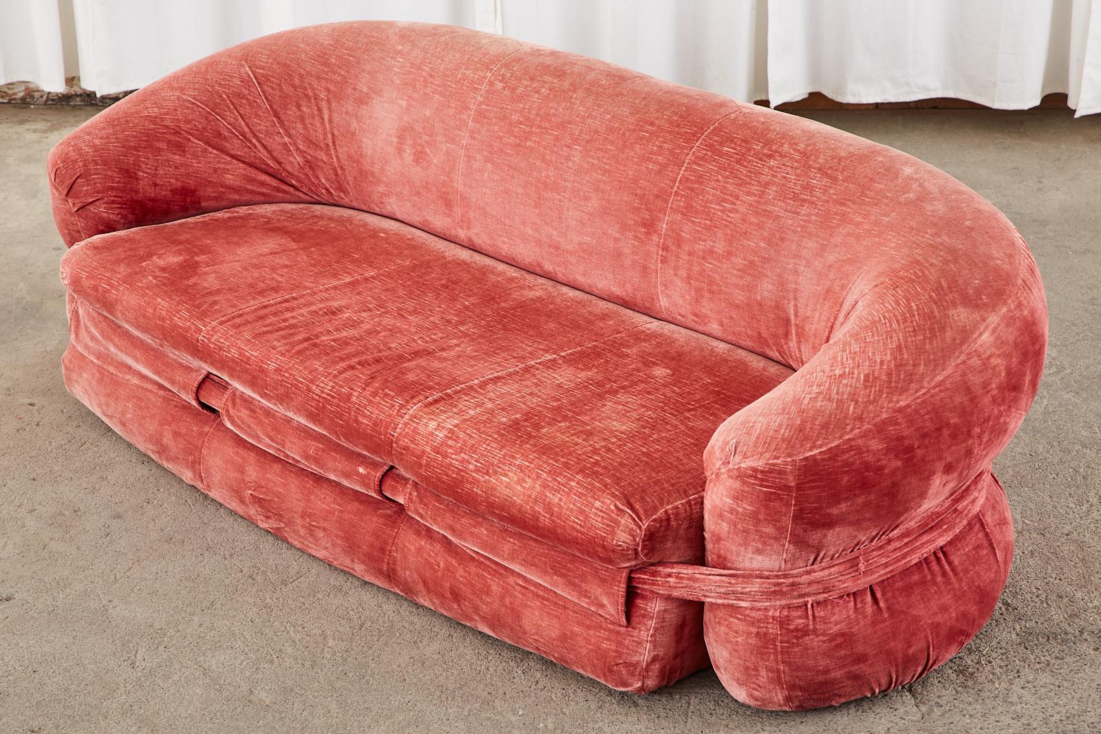 Spectacular Mid-Century Modern sofa designed by Italian architect Adriano Piazzesi for Harvey Probber Inc. Burger bun is a whimsical kidney shaped form design sofa crafted from a steel frame molded with polyurethane foam to create the overstuffed