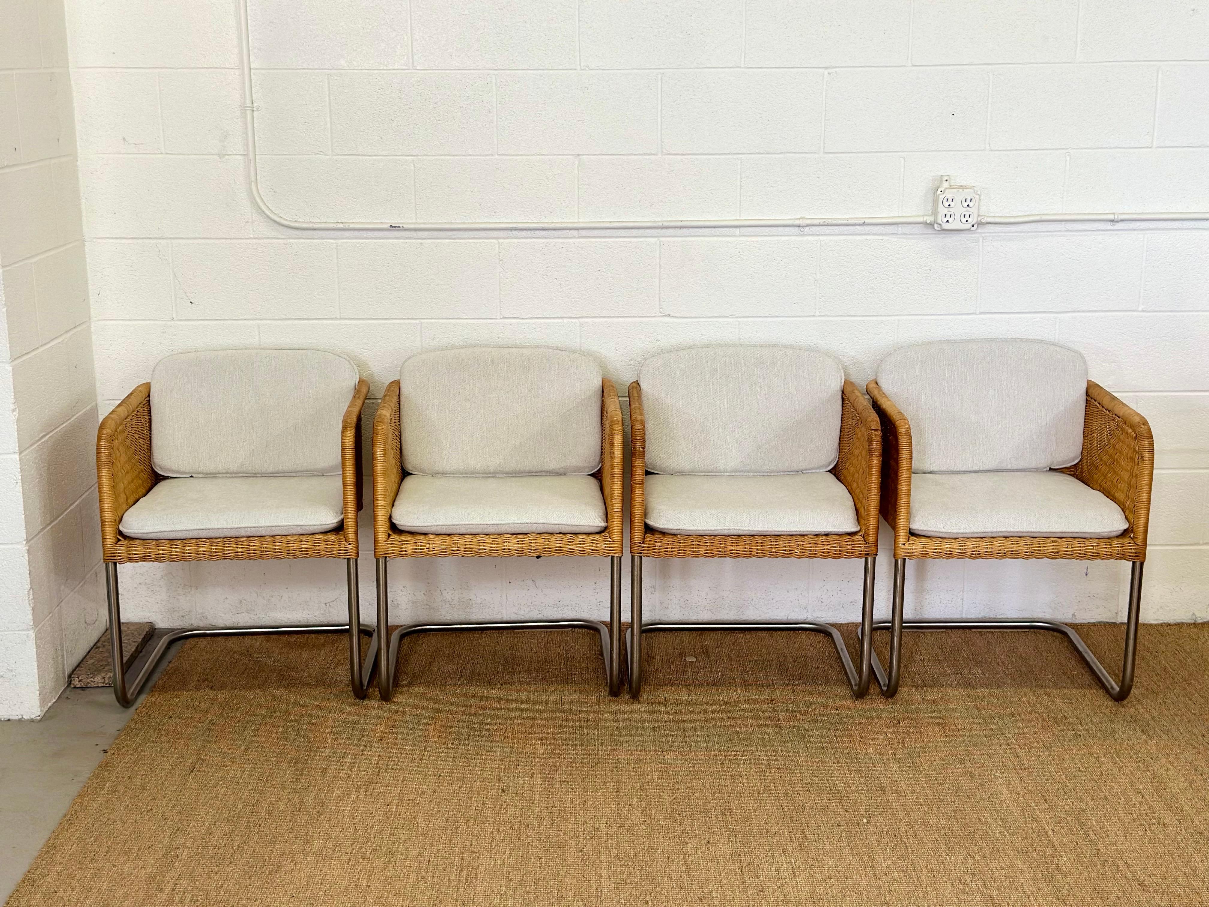 We are excited to offer a dining set by renowned American designer Harvey Probber, circa 1970s.  The Harvey Probber D43 Cantilever Chair exemplifies Mid-century modern design, skillfully blending sleek lines with organic materials.  Its steel